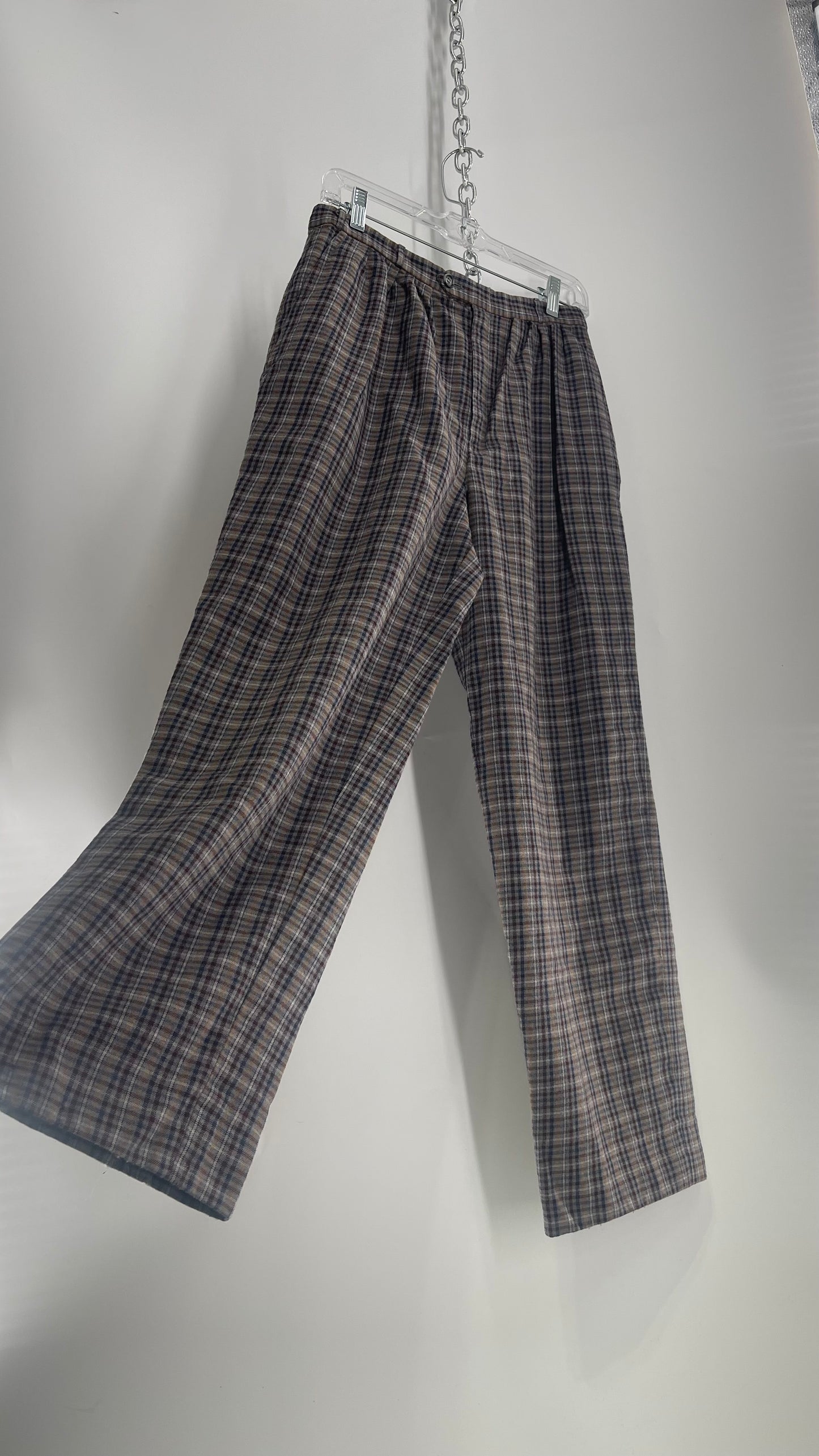 Vintage 100% Wool Gray Muted Tones Plaid Pleated Baggy Trousers (2)