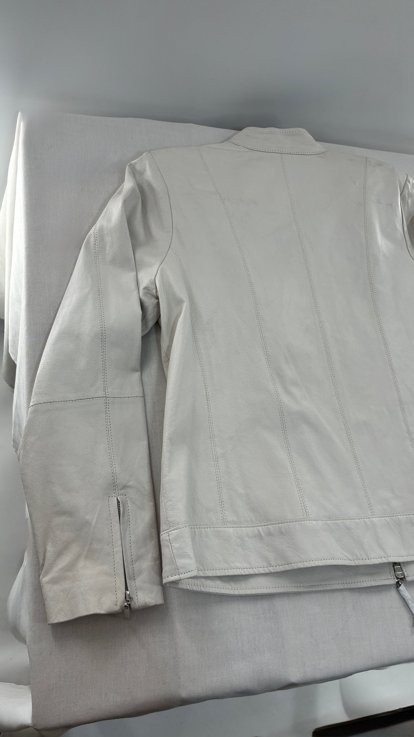 Deadstock Vintage JESSICA LONDON White Genuine Leather Paneled Motorcycle Jacket (16)