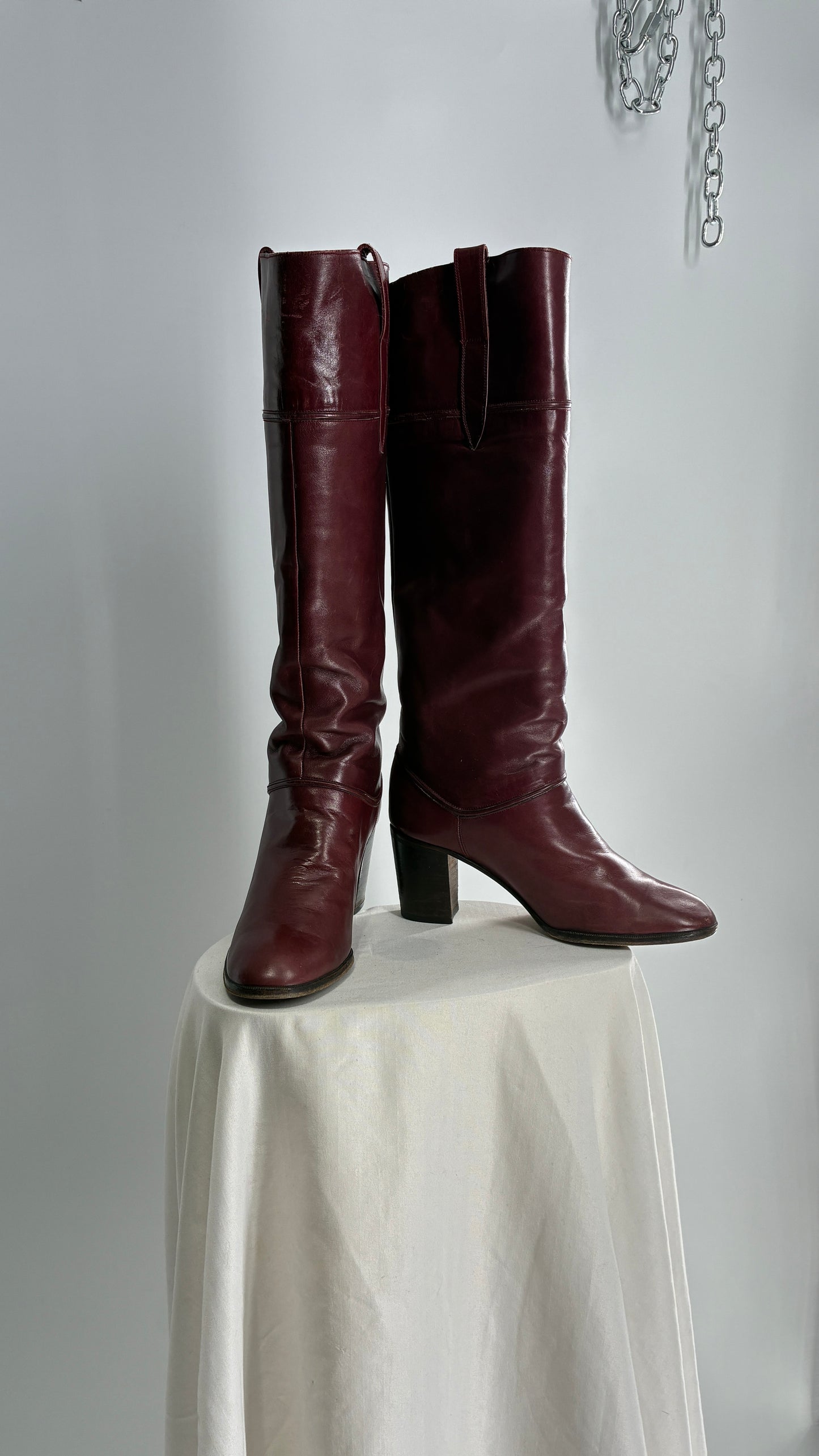 Vintage Red Leather Round Toe Knee High Boots Made in Spain Boots (38)