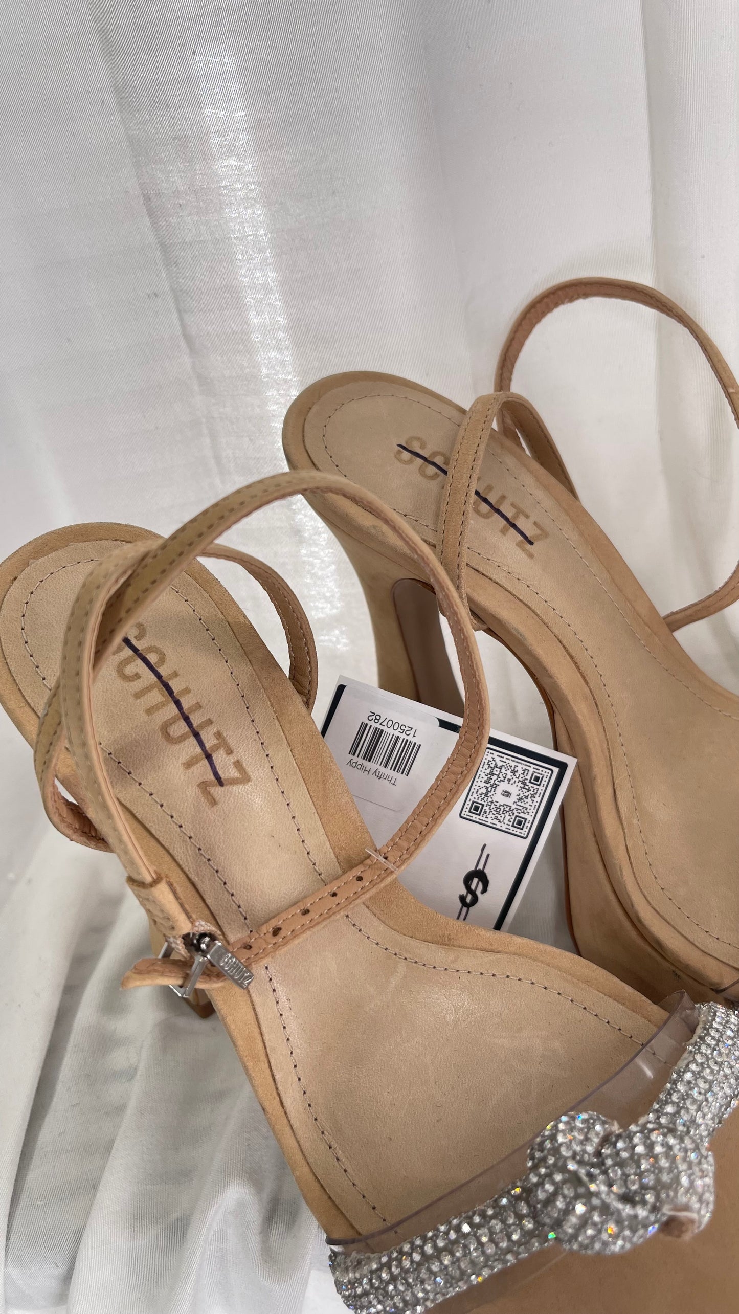 SCHÜTZ Peaky Beige/Tan/Nude Platform Heel with Funky Heel and Clear Knot Rhinestone Toe Strap (6)