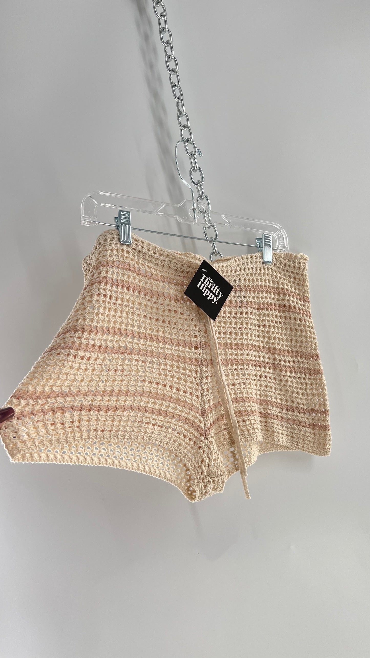 Free People Beach Beige Knit Crochet Cover Up Shorts (Medium)