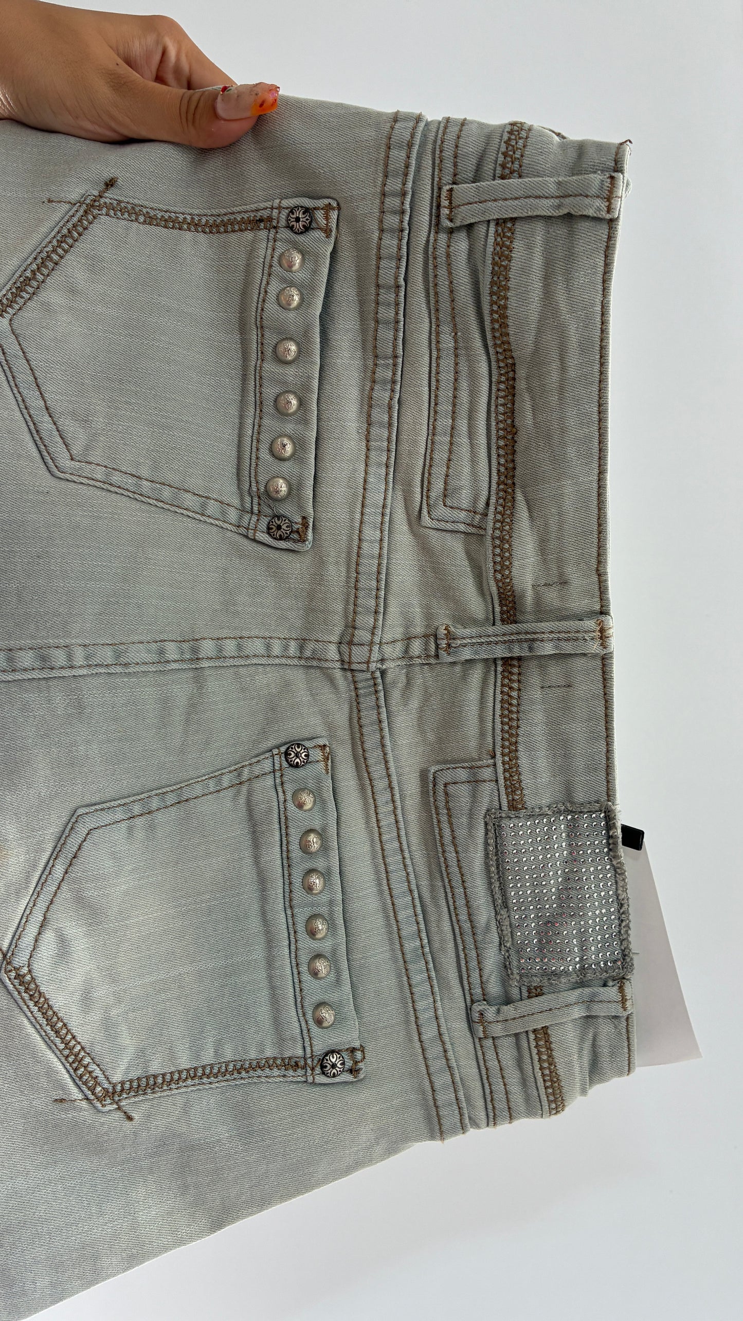 Deadstock Vintage Stylebook Light Denim Mini Skirt with Heavy Engraved Studs and Pleated Details (Small)