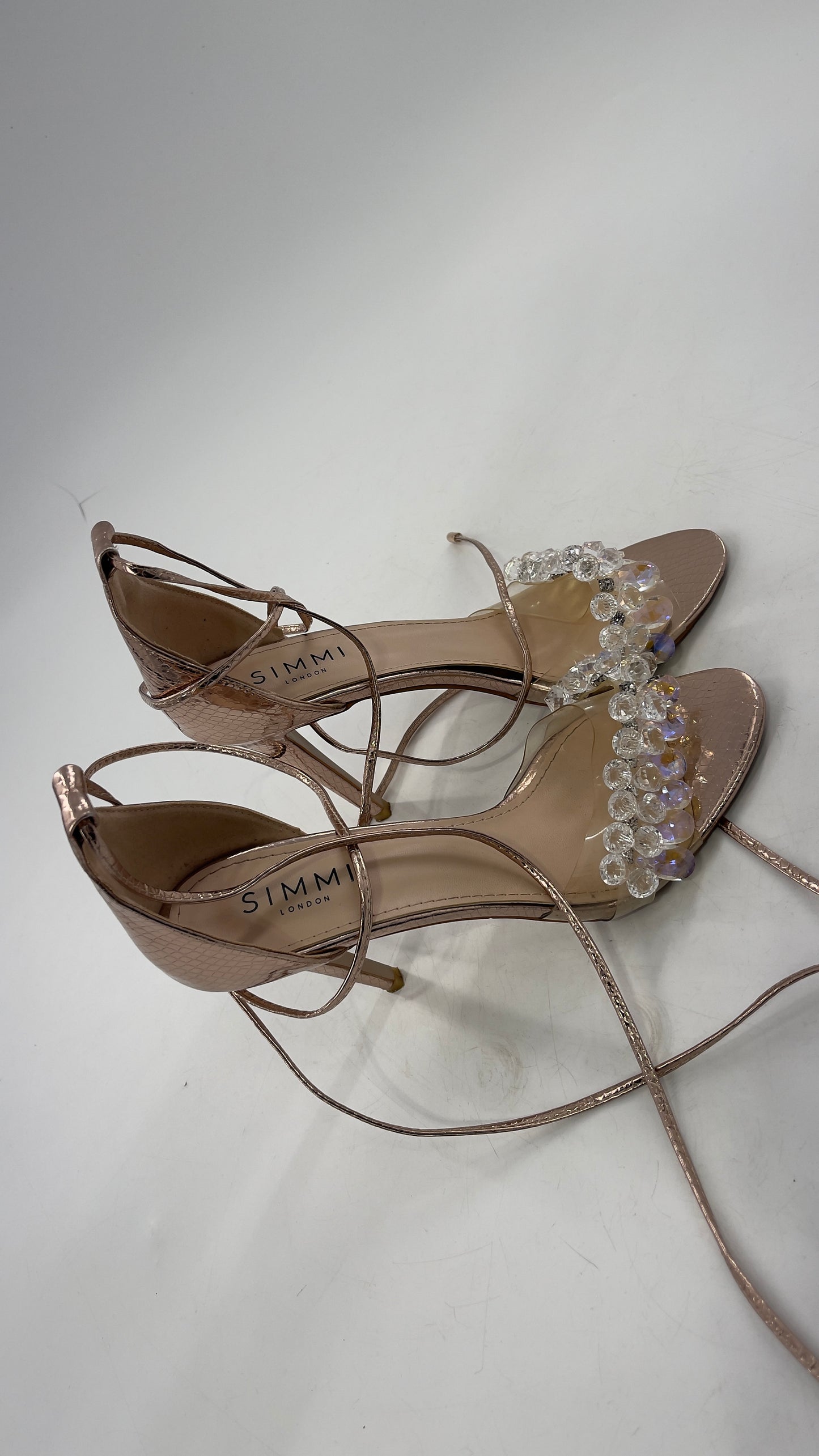 SIMMI LONDON Rose Gold Textured Heels with Clear Toe Strap Covered in Rhinestones/ Crystal Pendants and Tie Up Ankle Straps (7)