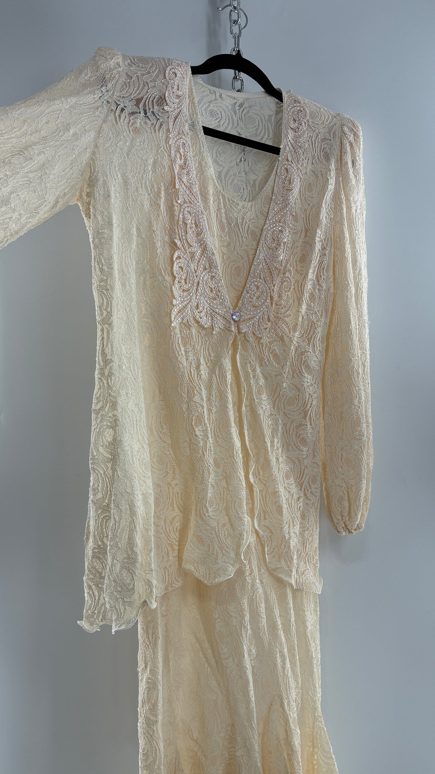 Vintage SARA MIQUE New York Off White Maxi Dress and Balloon Sleeve Cardigan Set (M)