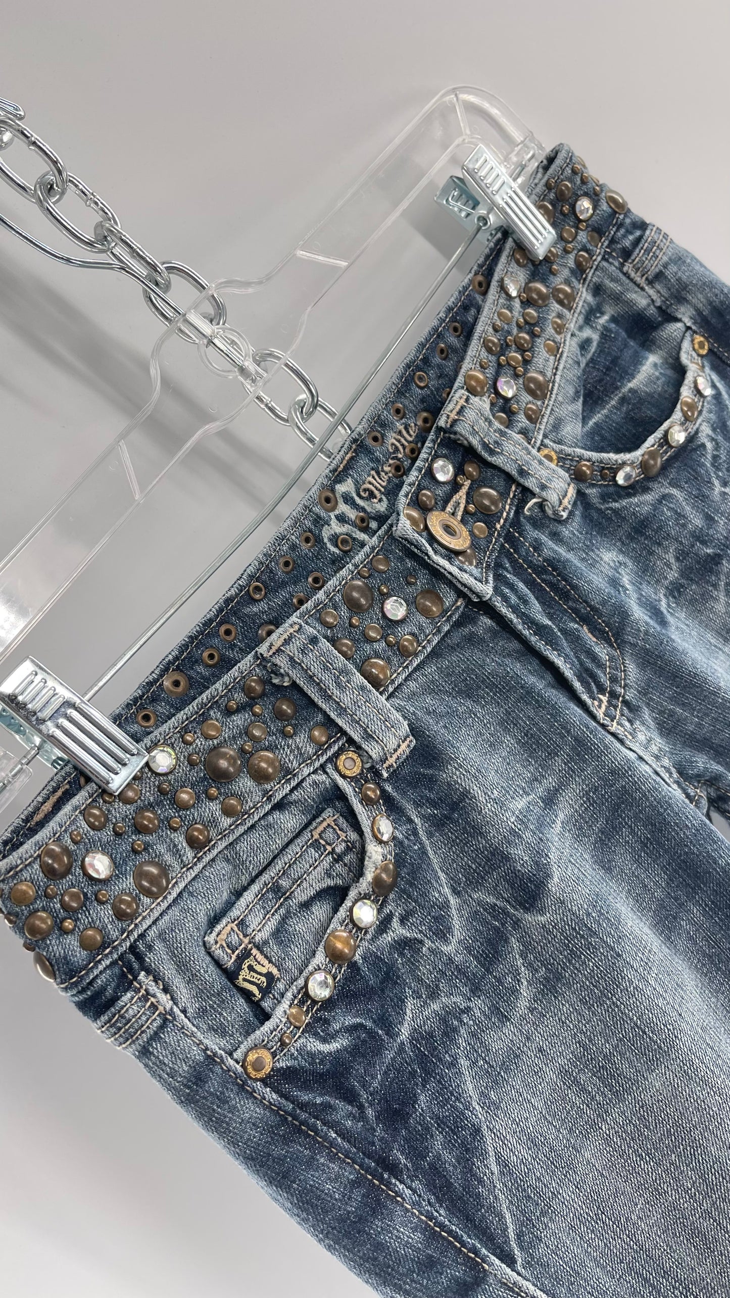 Vintage Miss Me Grainy Stone Wash Kick Flares with Studded Low Waist and Back Pockets (26)