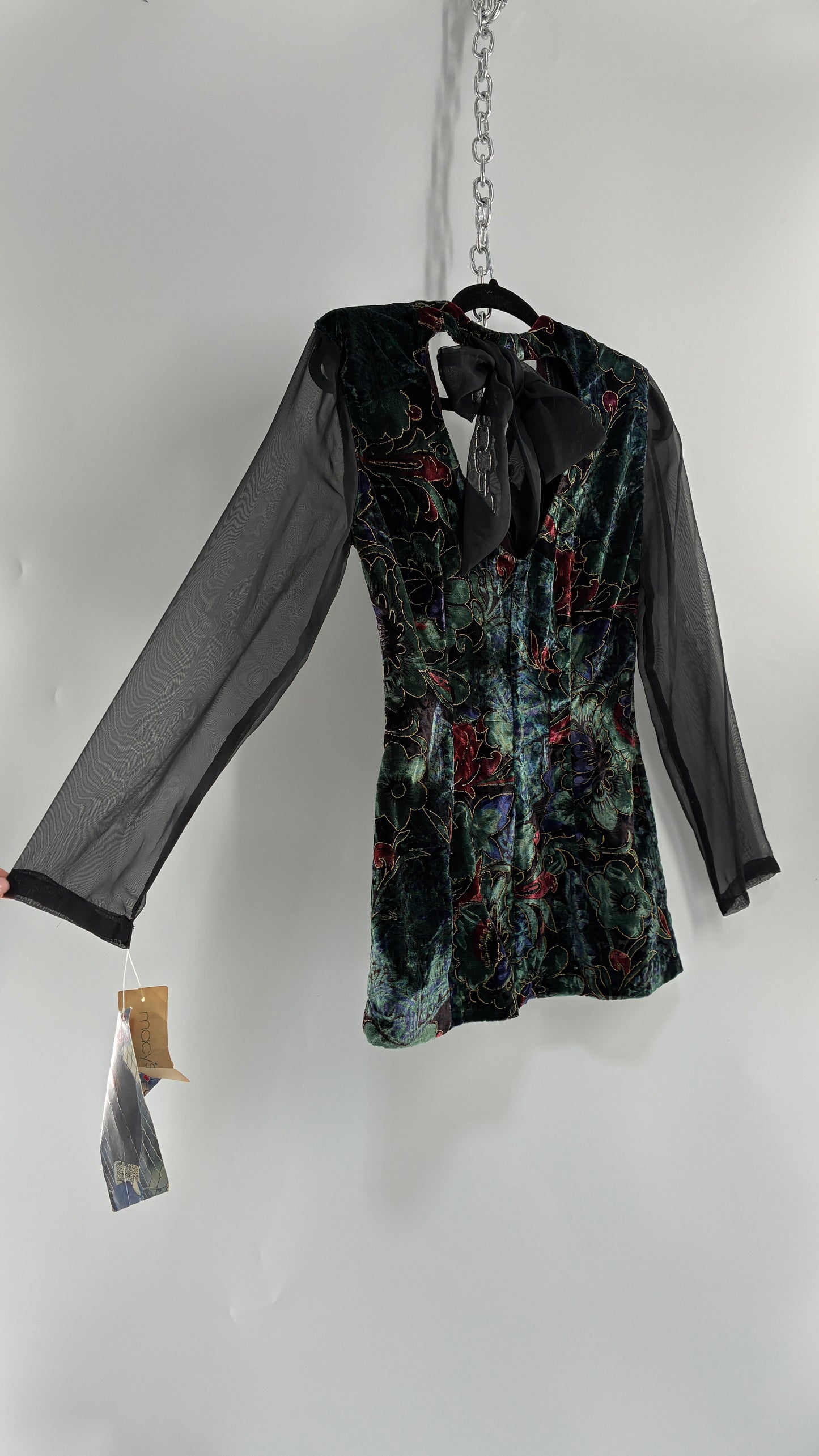 Deadstock Vintage RAMPAGE 1980s Micro Mini Dress Velour with Sheer Bubble Sleeves, Open Back, Elaborate Crystal Buttons and Bow Back Detail (Small)