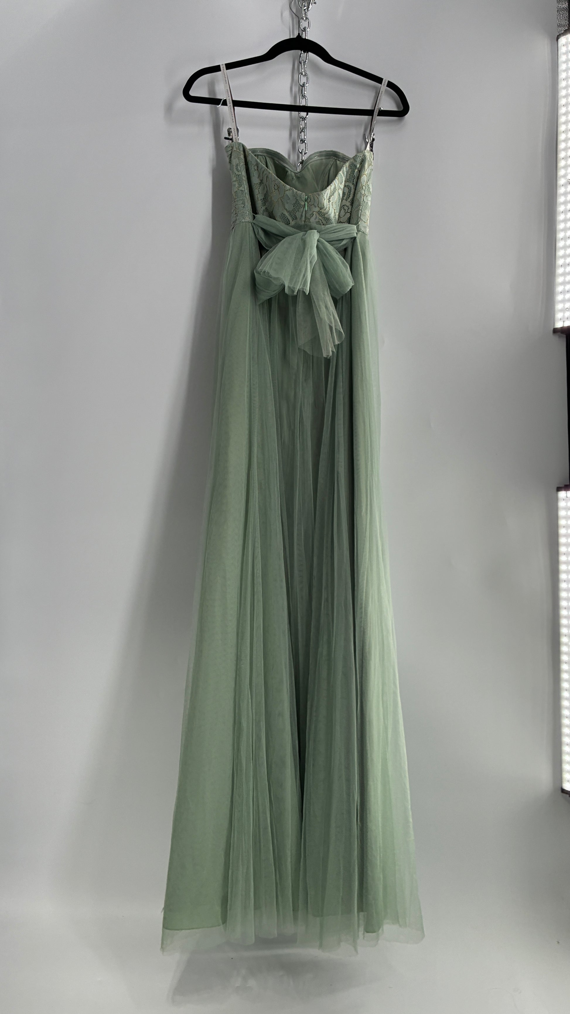 Jenny Yoo Seafoam Green Tulle Full Length Dress with Lace Corset Bodice (8) Jenny Yoo Seafoam Green Tulle Full Length Dress with Lace Corset Bodice (8)