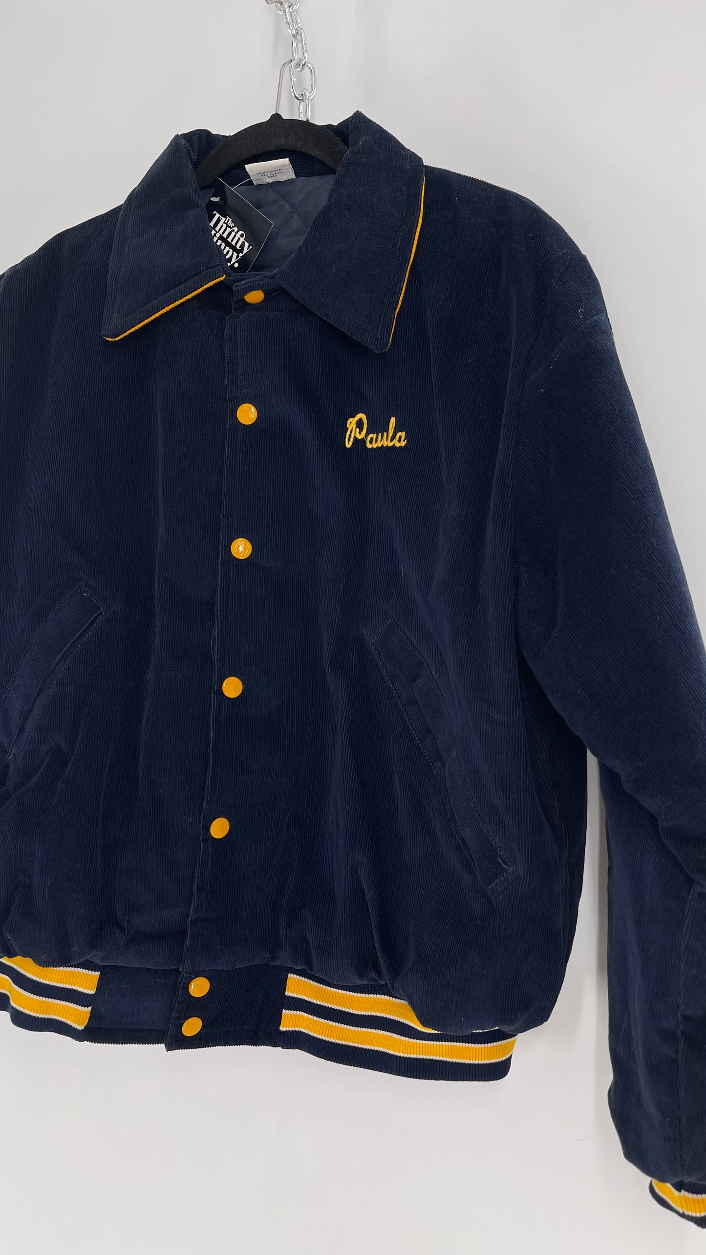 Birdie Vintage Phi Sigma Sigma Navy Blue Corduroy Varsity/Sorority Jacket with Contrast Yellow Patches and Embroidered “Paula” Monogram (Large)