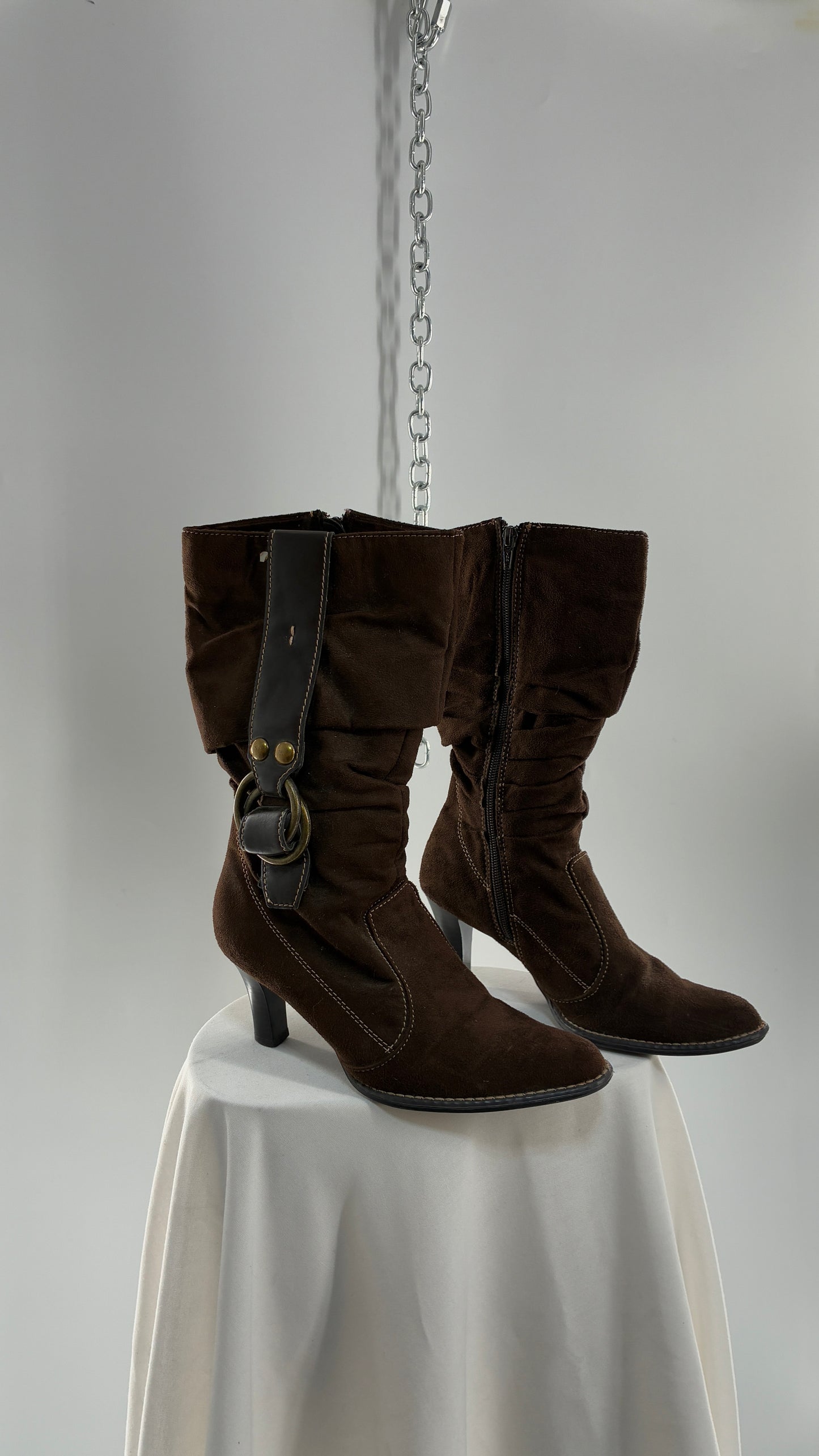 Vintage PREDICTIONS Vegan Suede Brown Stacked Boots with Buckle Detail (6.5)