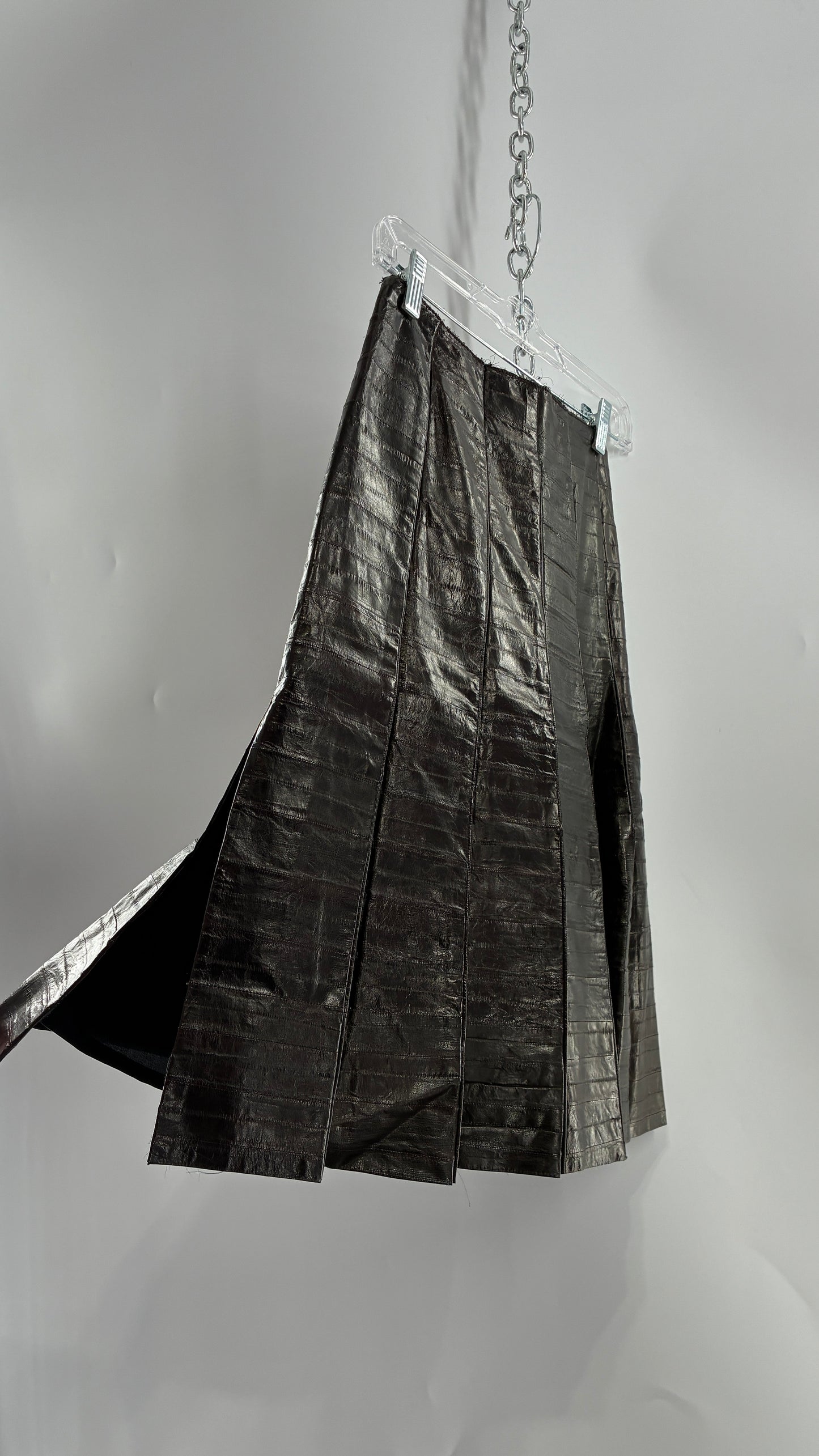 Vintage Handmade Pleated Dark Brown Genuine Leather Patchwork Skirt (XS)