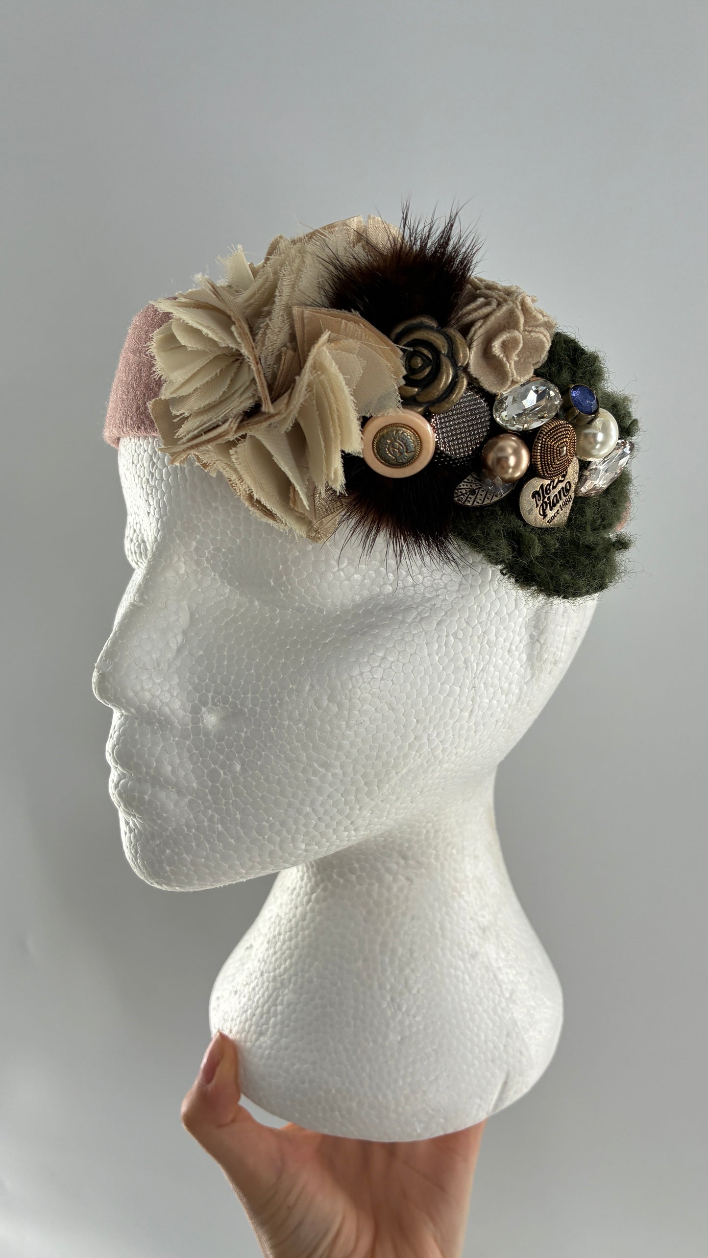 Vintage FARMER Handmade Pink Knit Headband with Wool, Buttons and Fur Appliqués