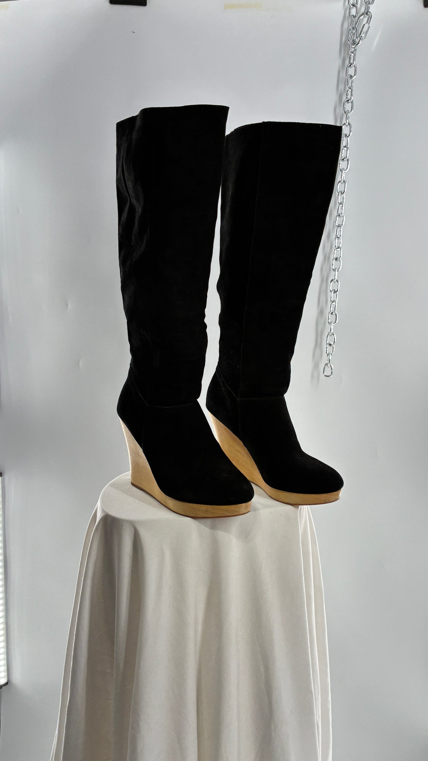 Vintage Black Genuine Suede Leather Knee High Boots with Skinny Wooden Wedge Heel (9)
