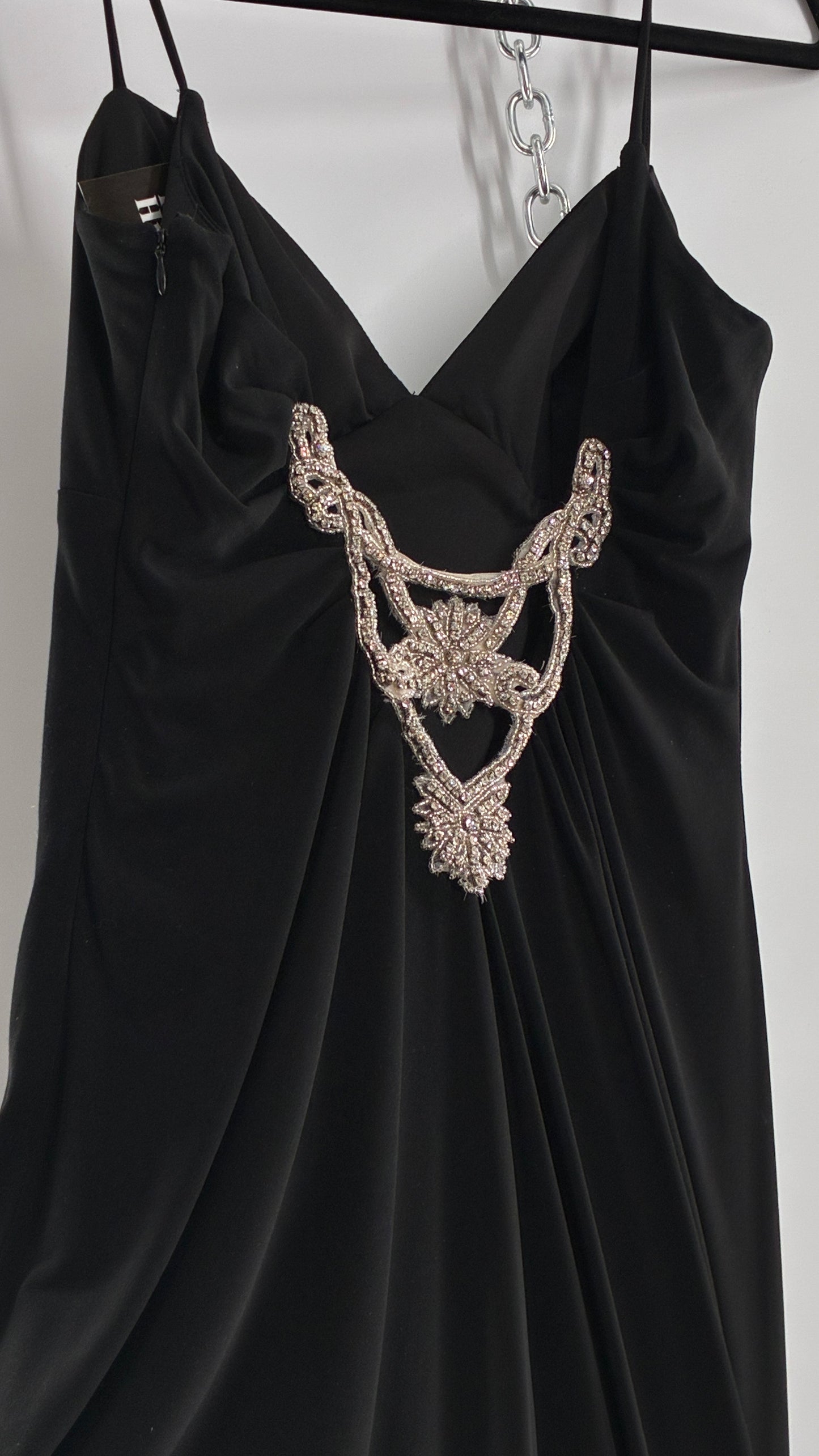 Vintage JS COLLECTION Black Full Length Gown with Jeweled Appliqué and Pleated Back (12)