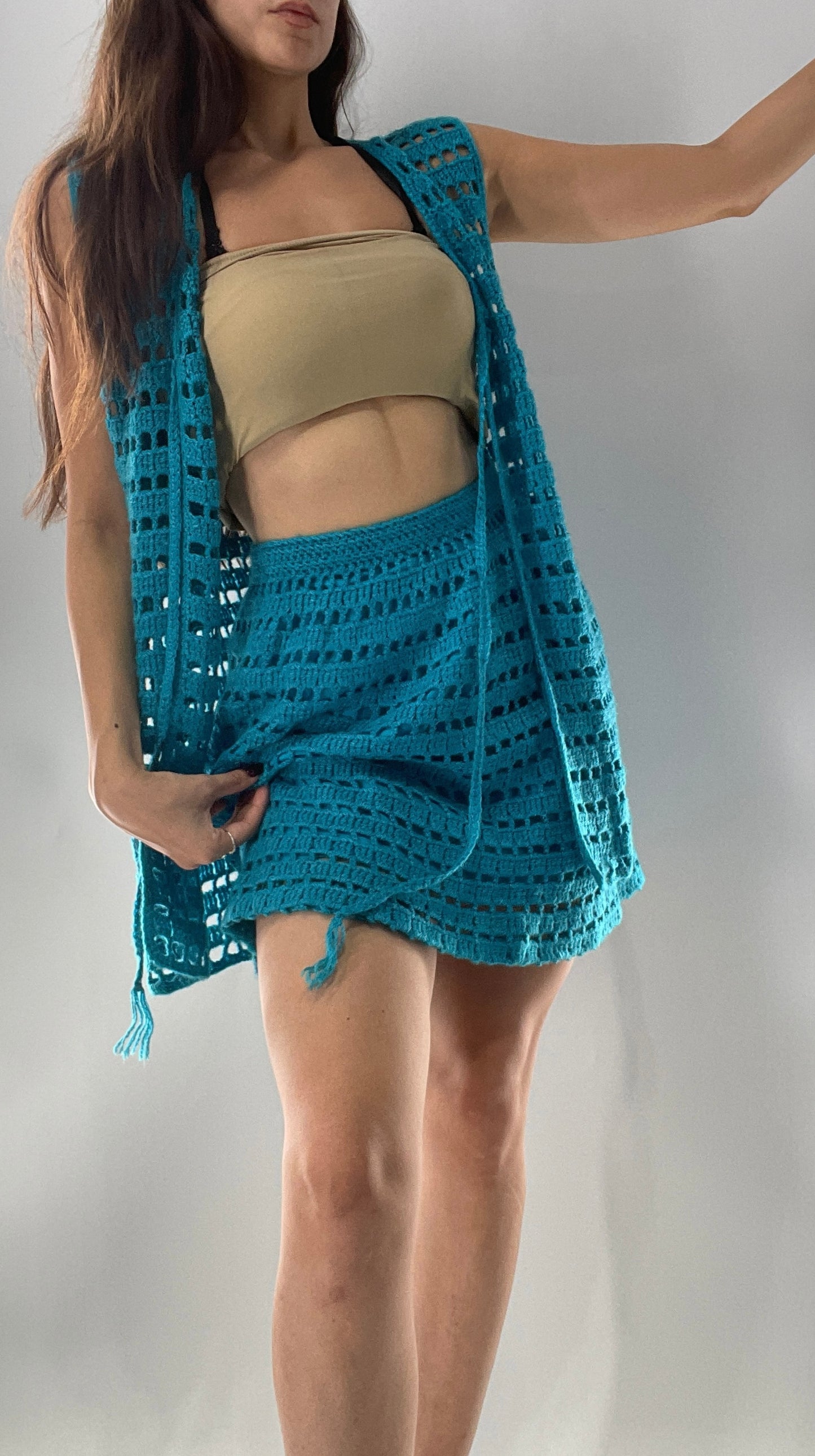 Vintage 1970s Handmade Blue Crochet Knit Mini Skirt and Long Tie Bust Vest (XS/S)