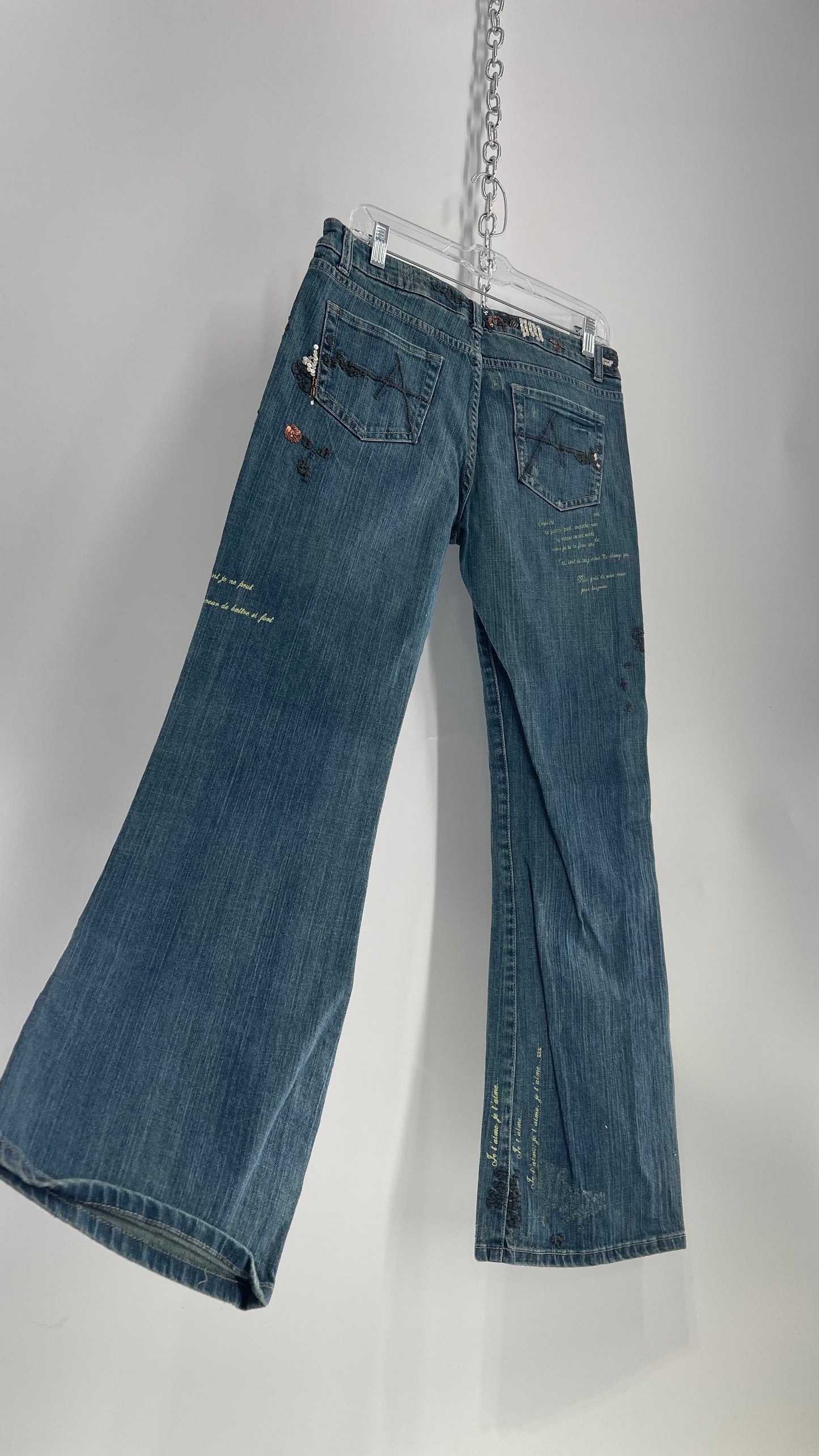 Vintage 1990s American Exchange Embroidered, Beaded Jeans with Distressing and Fade (30)