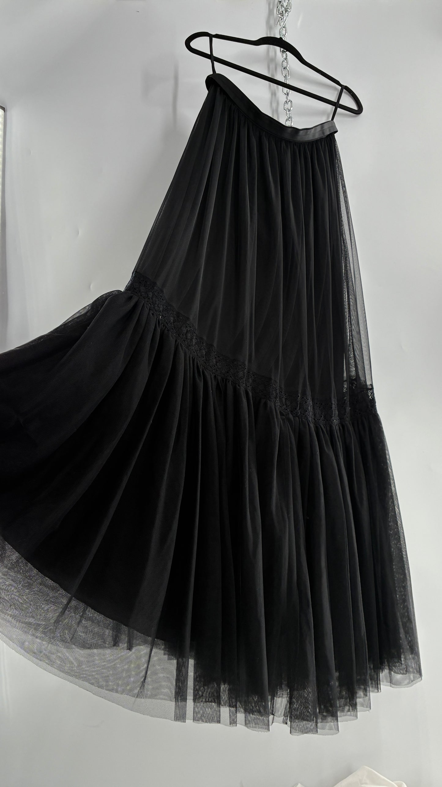 Needle & Thread Voluminous Black Multi Layer Mesh Full Length Skirt with Ribbon Waistline with Tags Attached (10)