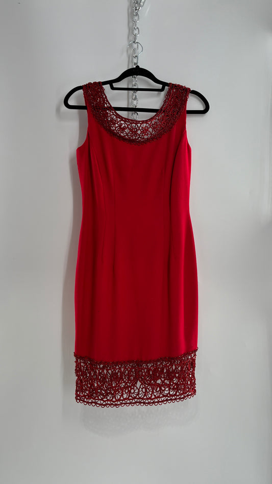 Vintage CARMEN MARC VALVO Red 100% Fitted, Tailored Wool Dress with Beaded Hem and Neckline  (6)