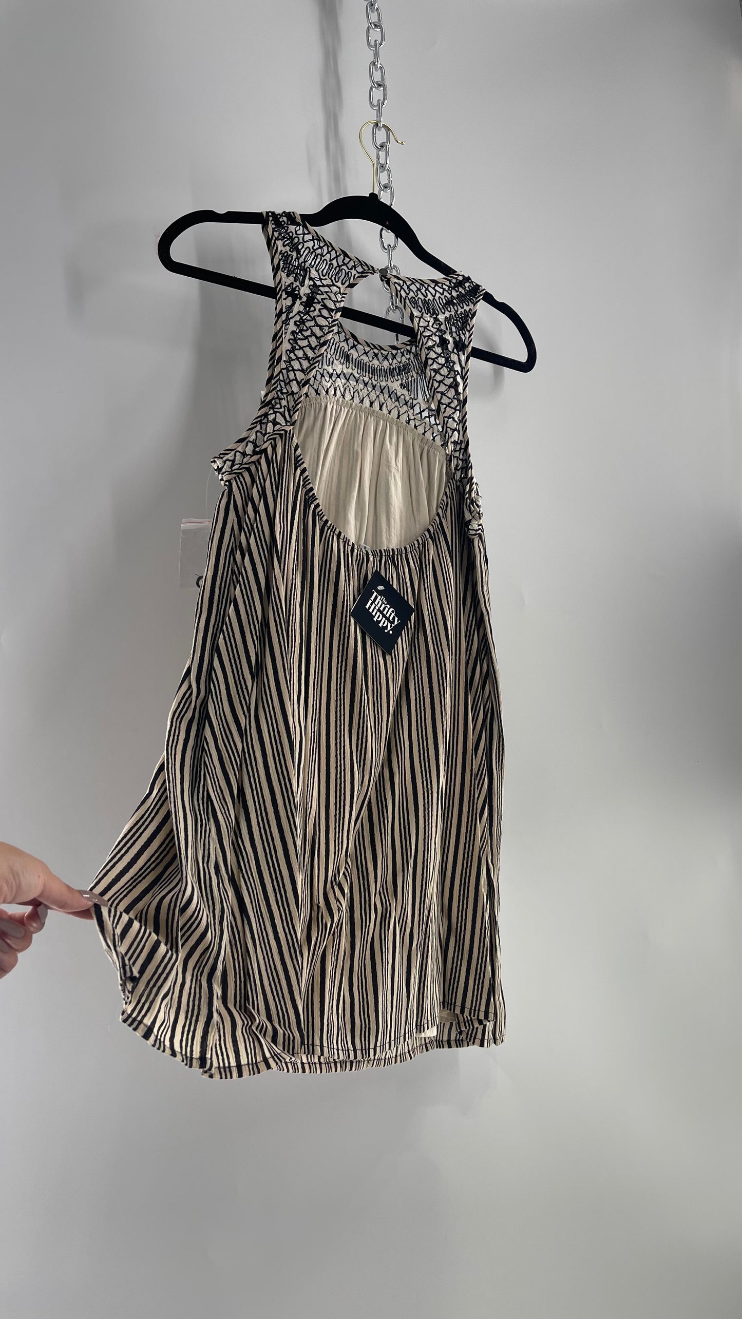 Ecote Tan and Black Striped Mini Dress with Threaded and Stitched Neckline Detail + Bag with Extra Thread (S)