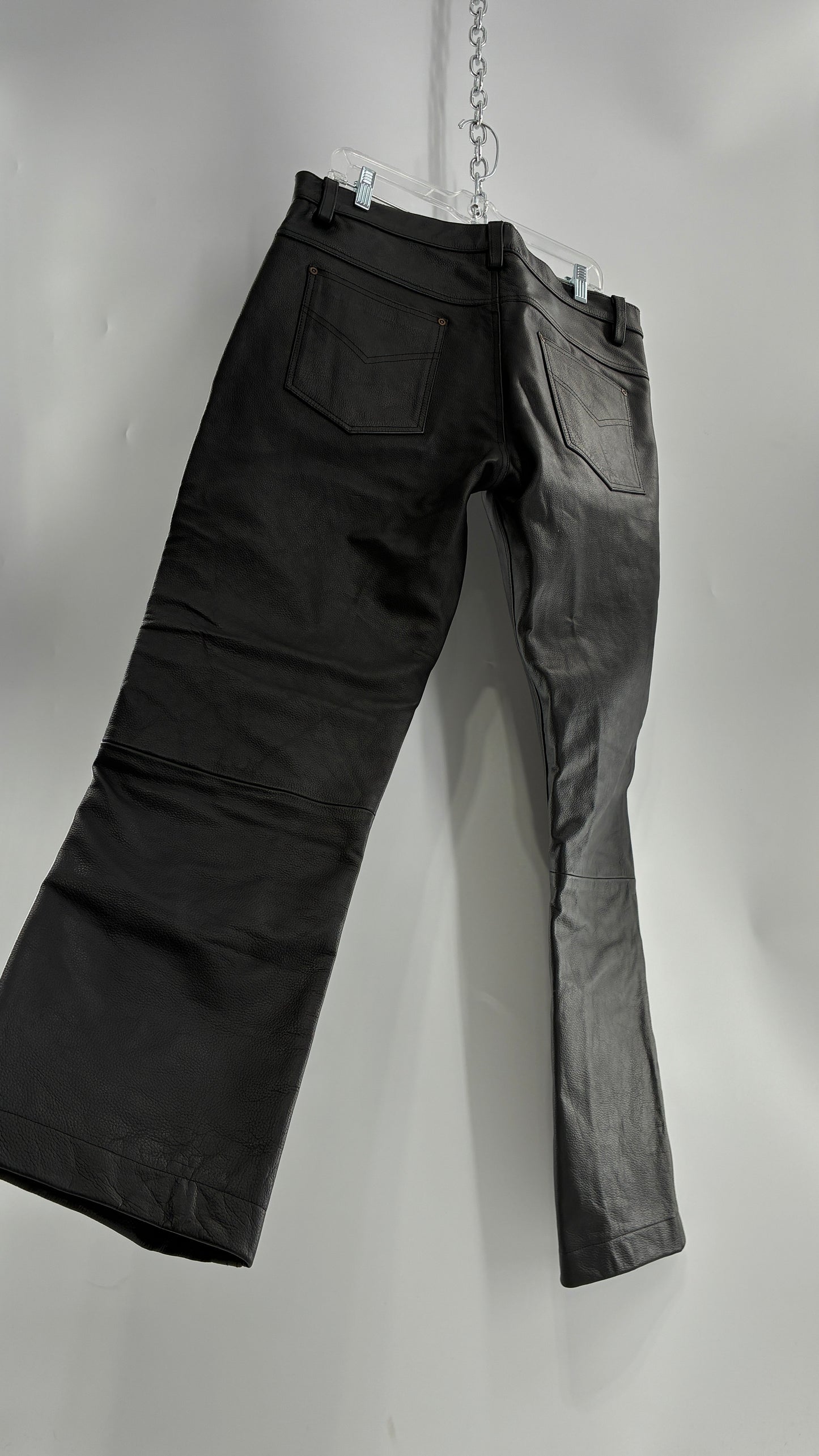Vintage Button Front, French, Black, Thick Genuine Leather Pants (36)