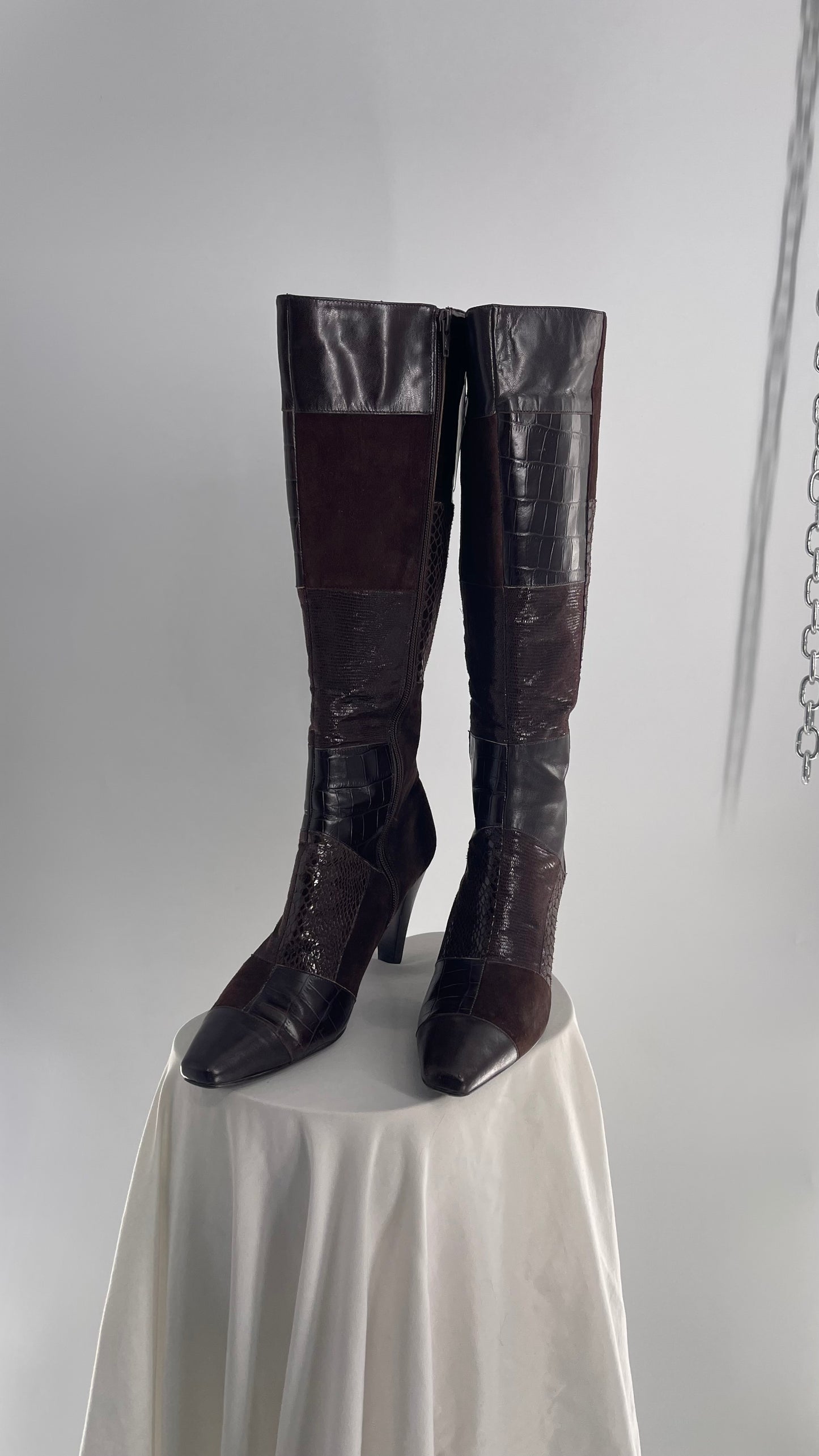 Vintage Bandolino Pointed Toe Patchwork Leather Knee High Boots (10)