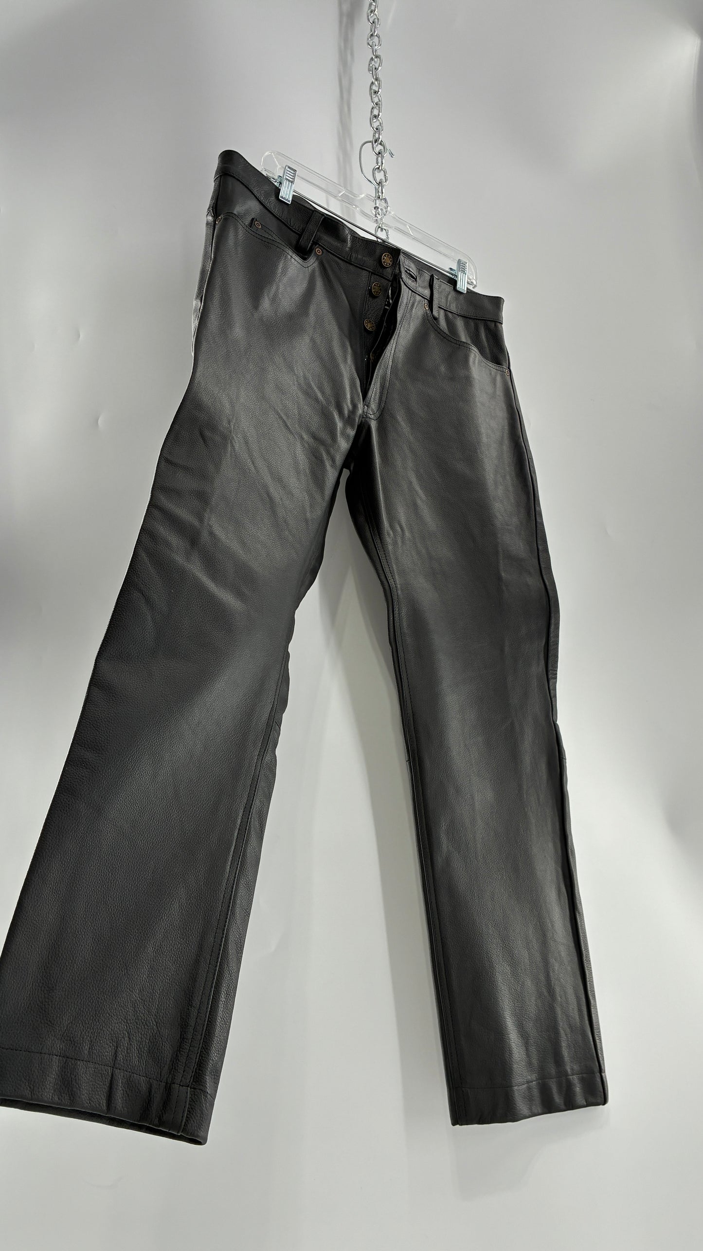 Vintage Button Front, French, Black, Thick Genuine Leather Pants (36)