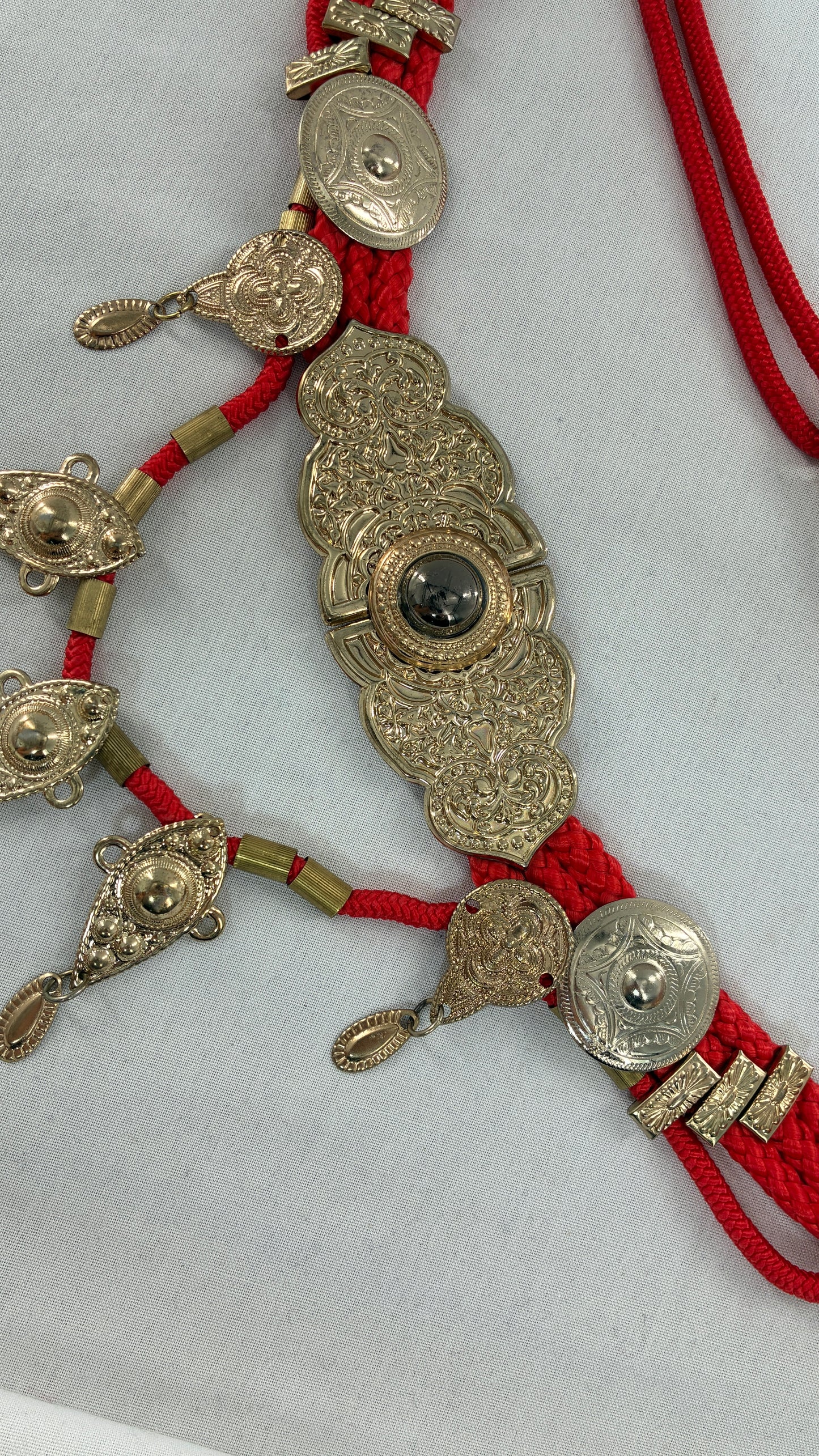 Vintage 1980s Red Rope Belt with Gold Engraved Coins Made in Korea