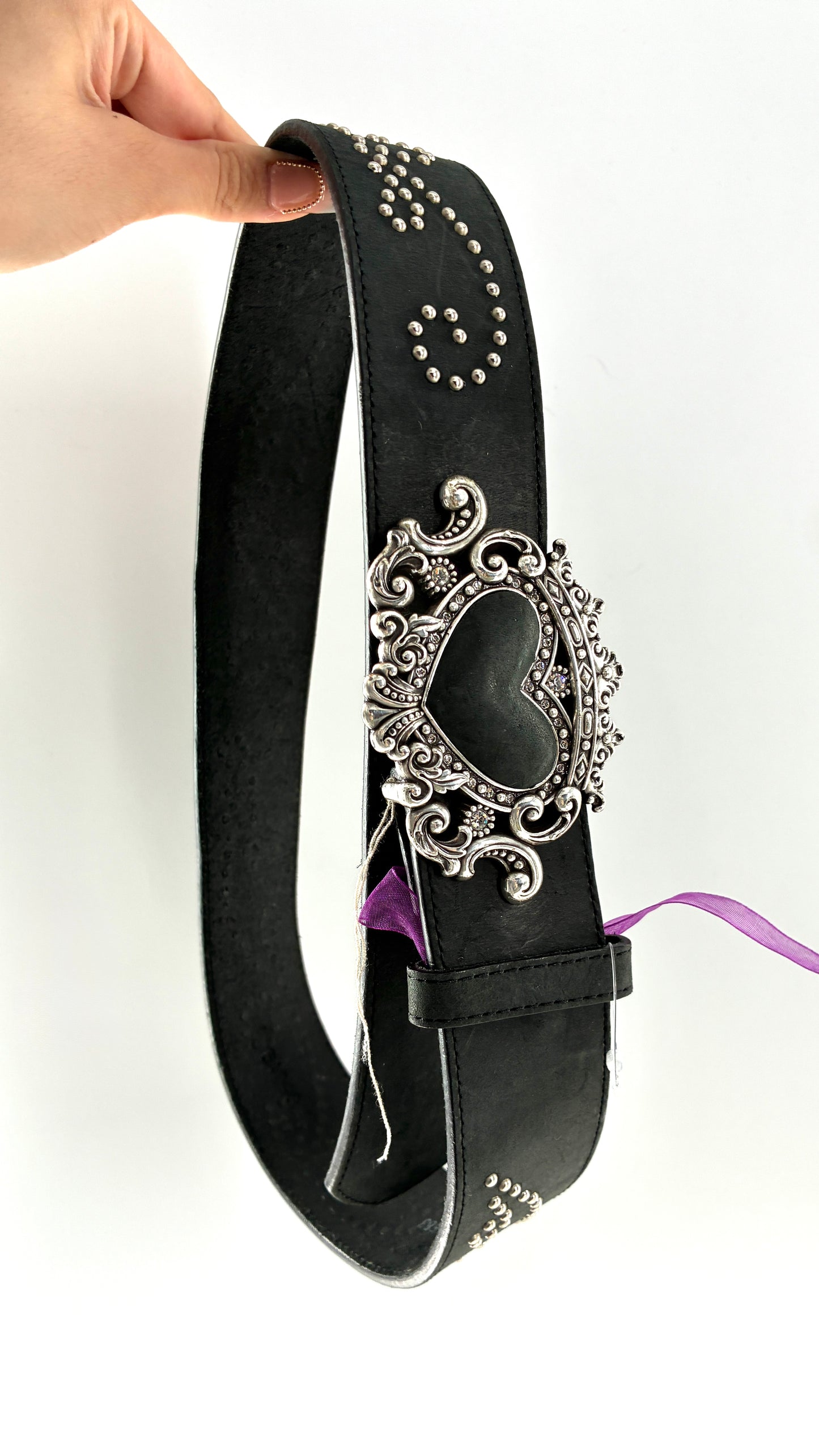Extremely RARE Vintage BRIGHTON Genuine Leather Black Studded Belt with Crowned Heart Buckle (ML32)