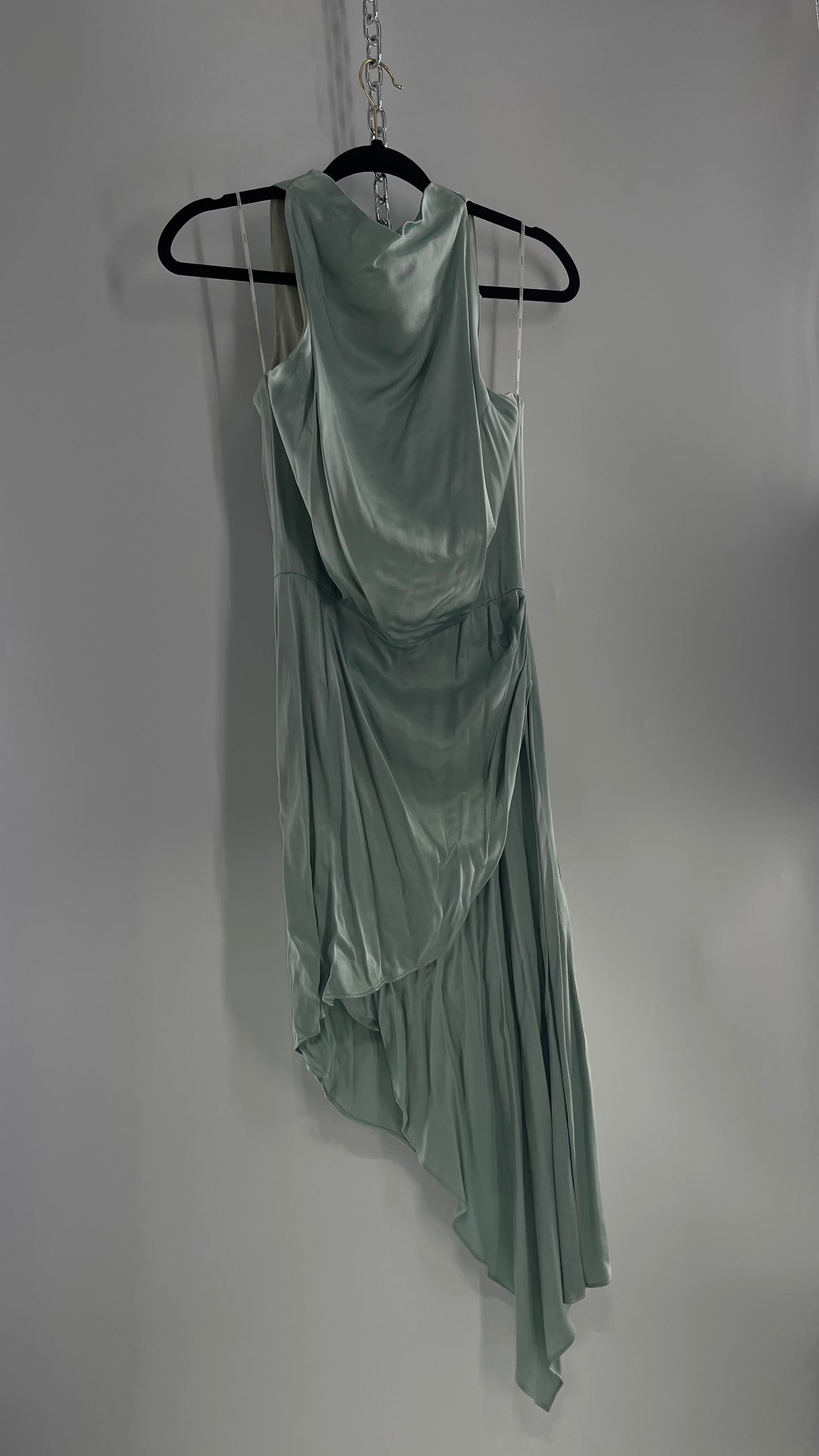 Elliatt Silver/Seafoam Blue Silky Slinky Abstract Tiered and Draped MIDI Gown (2?)