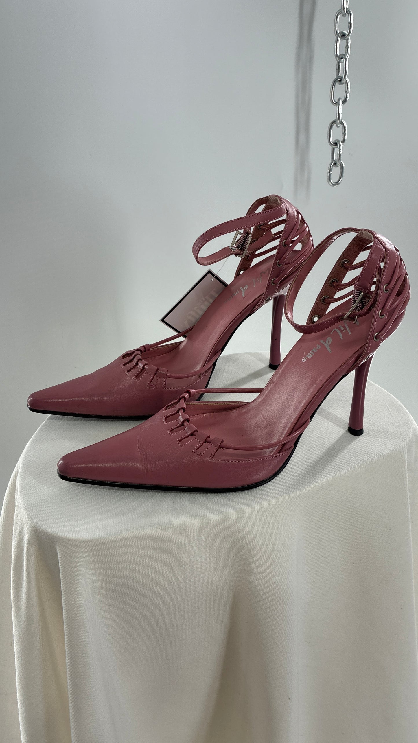 Vintage WILD PAIR Pink Pointed Toe Heels with Strappy Grommet Details (6.5)