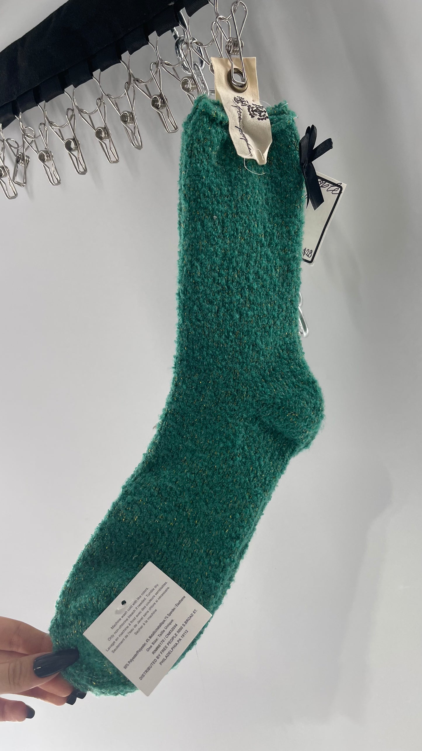 Free People Festive Green Socks with Gold Tinsel and Black Satin Bow Detail