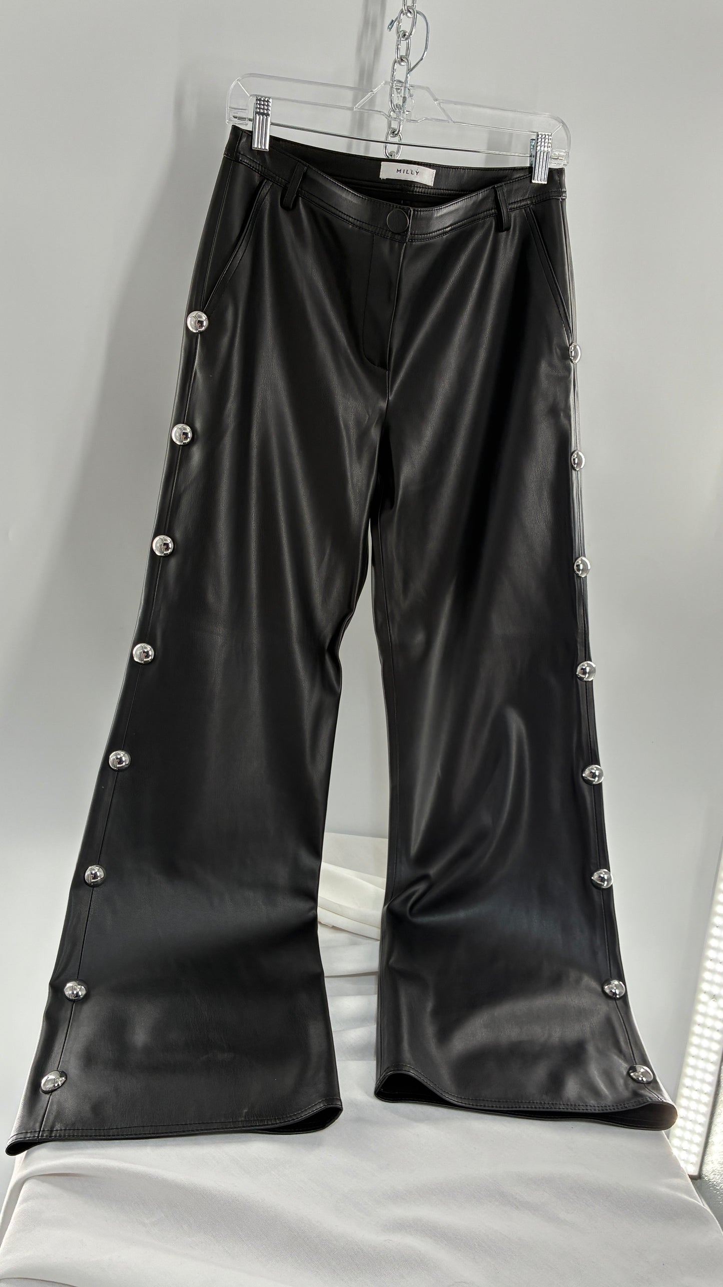 Vintage MILLY Black Vegan Leather Wide Leg Pants with Silver Oversized Studs