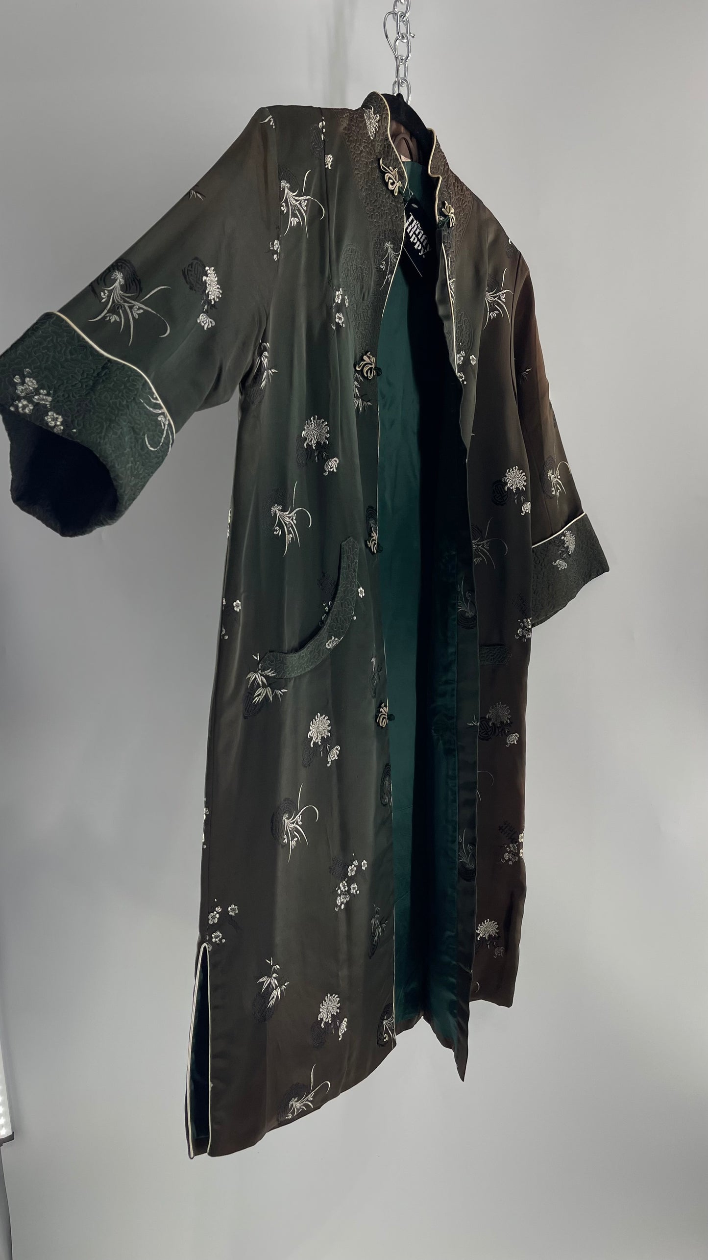 Vintage Hong Kong, Hand Made, Dark Green Silk Kimono Coat/Smoking Jacket (38)