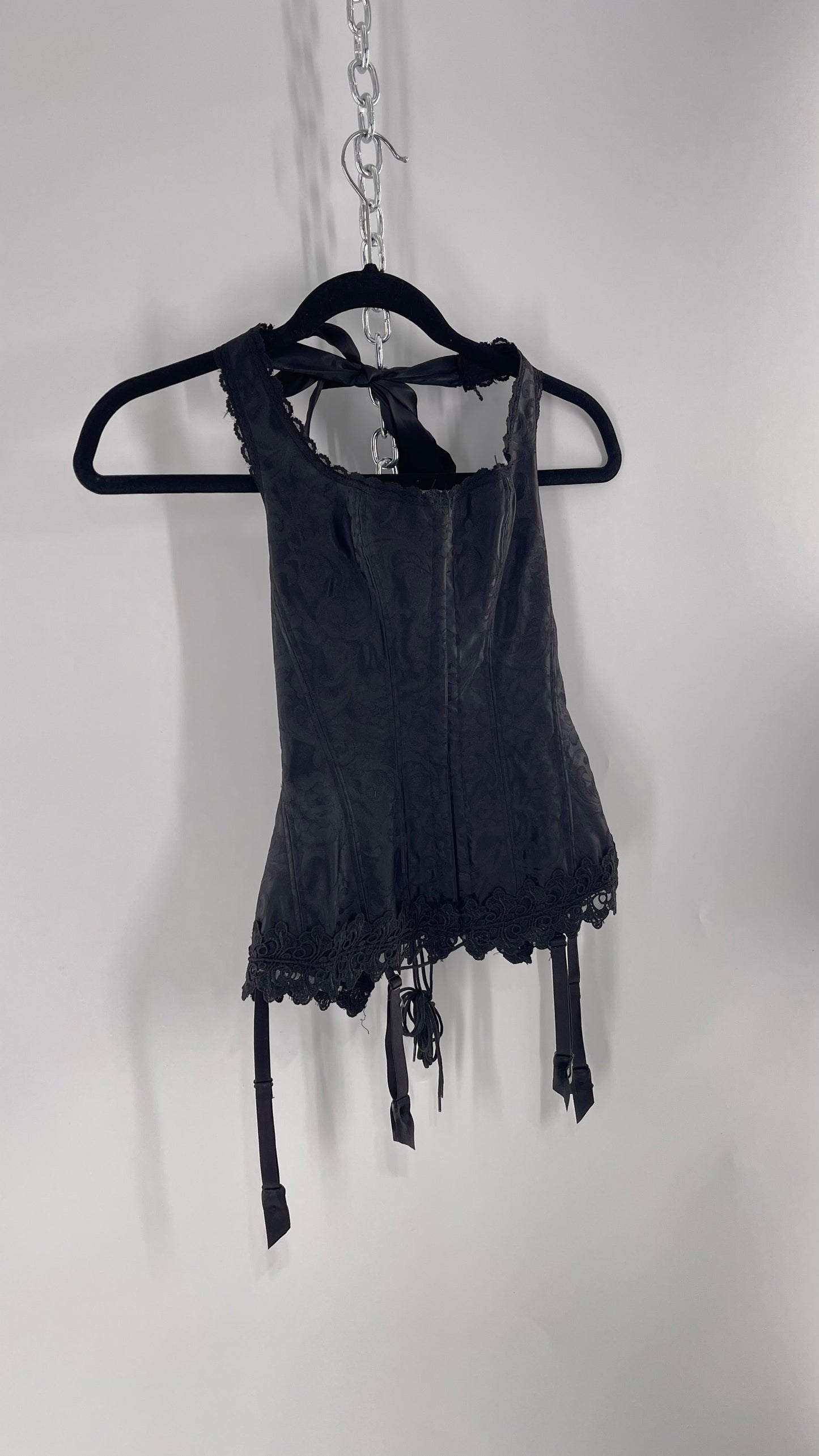 Vintage Fredericks of Hollywood Black Satin Brocade Lace Corset with Lace Tie Halter  (32)