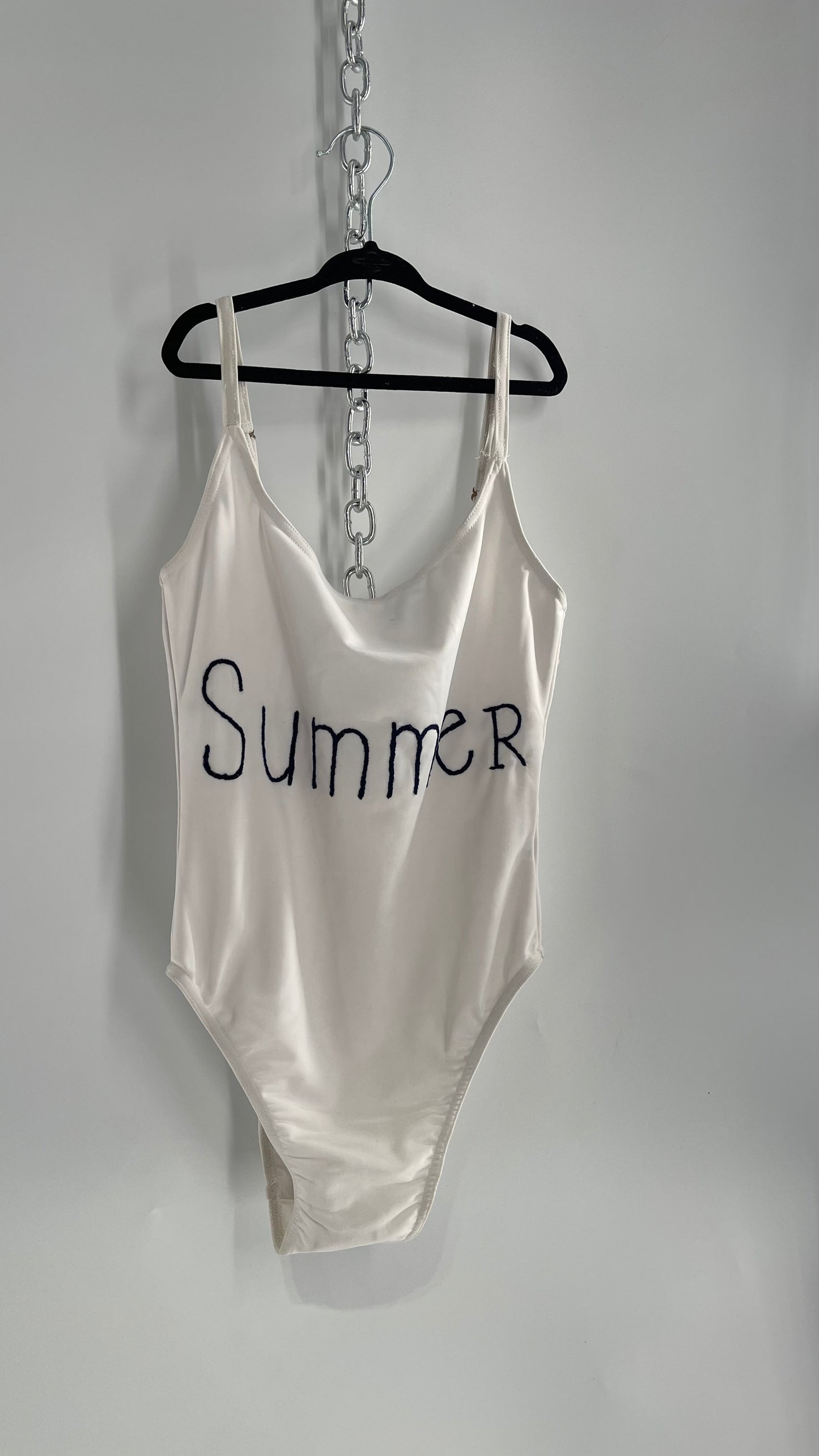 Bannerday White Bathing Suit with Black “Summer” Embroidery (Small)