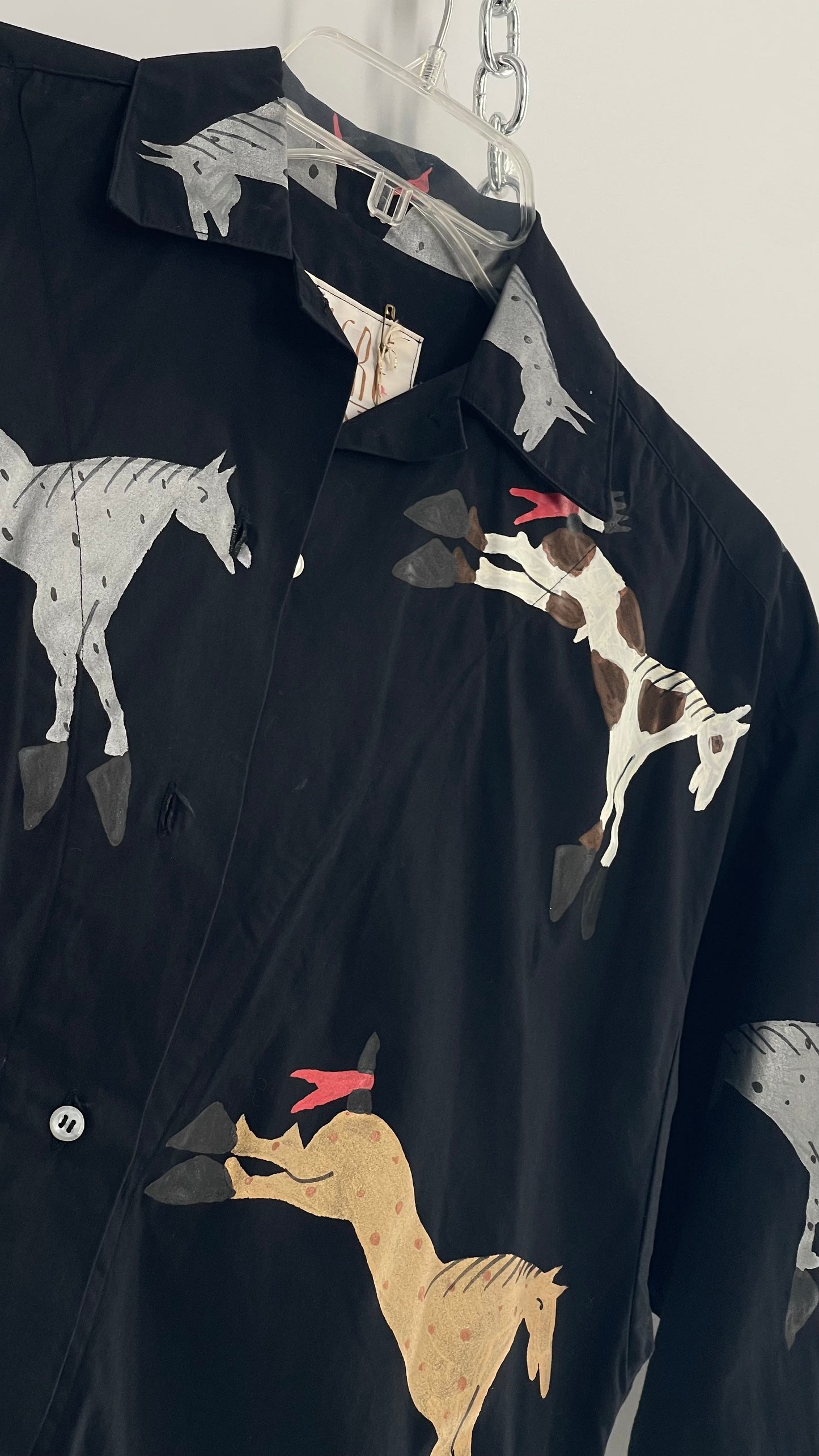 WHERE ITAT Black Button Up with Hand Painted Horses 100% Pima Cotton with Tags Attached (Small)