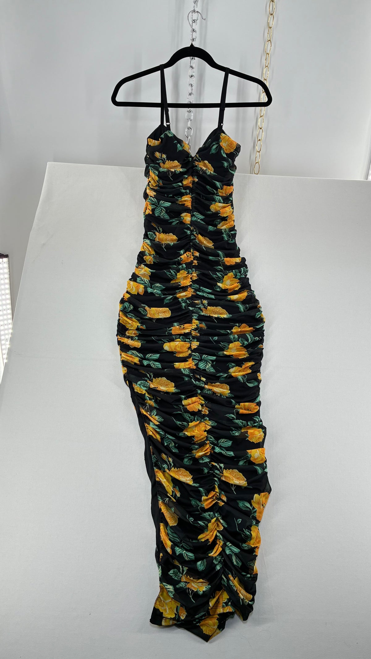 Vintage VÊNUS Floral Black, Yellow Ruched Full Length Dress (XS)