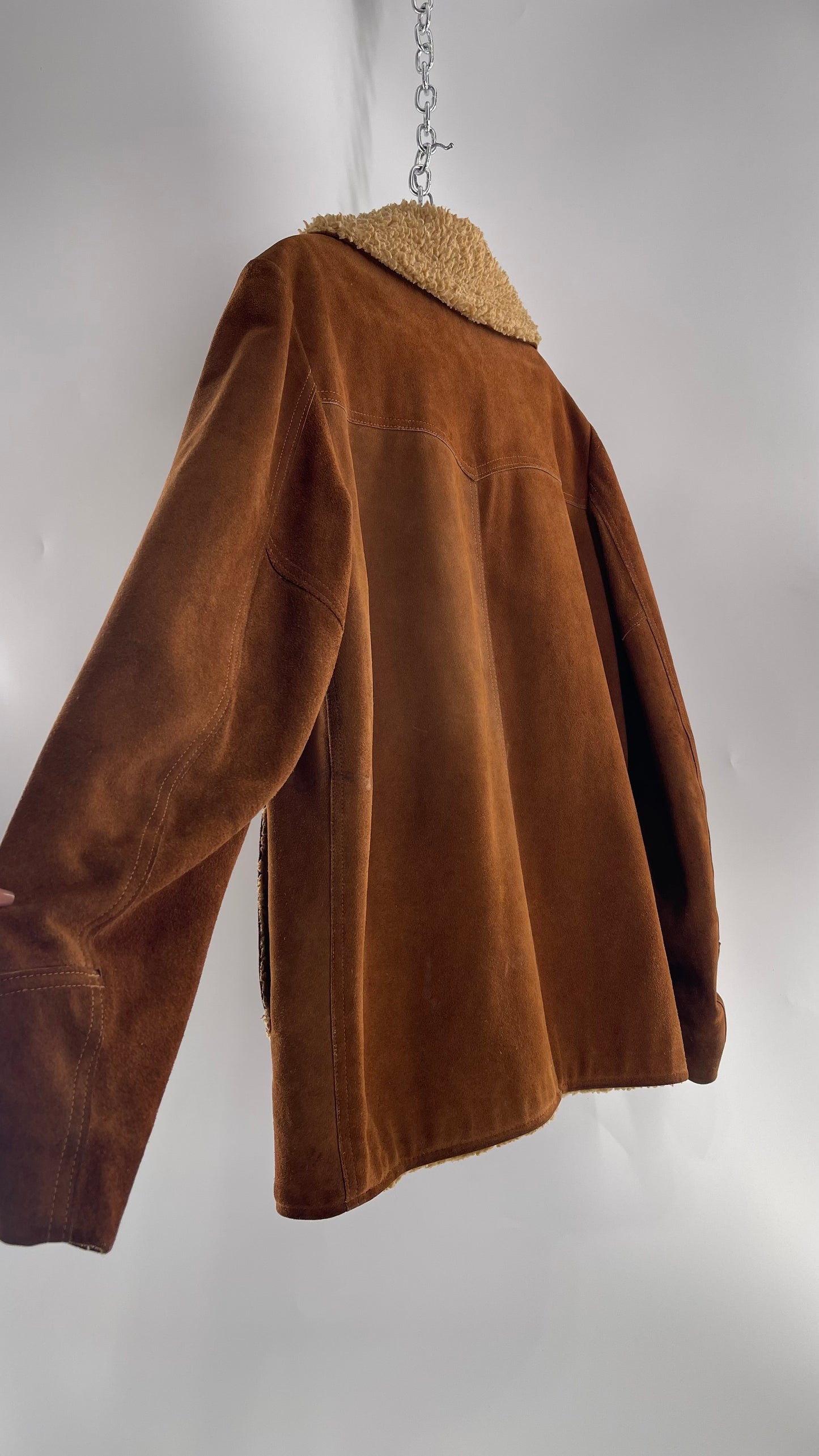 Vintage Heavy Duty Genuine Suede Leather Coat with Teddy Sherpa Lining (C) (Large/42)