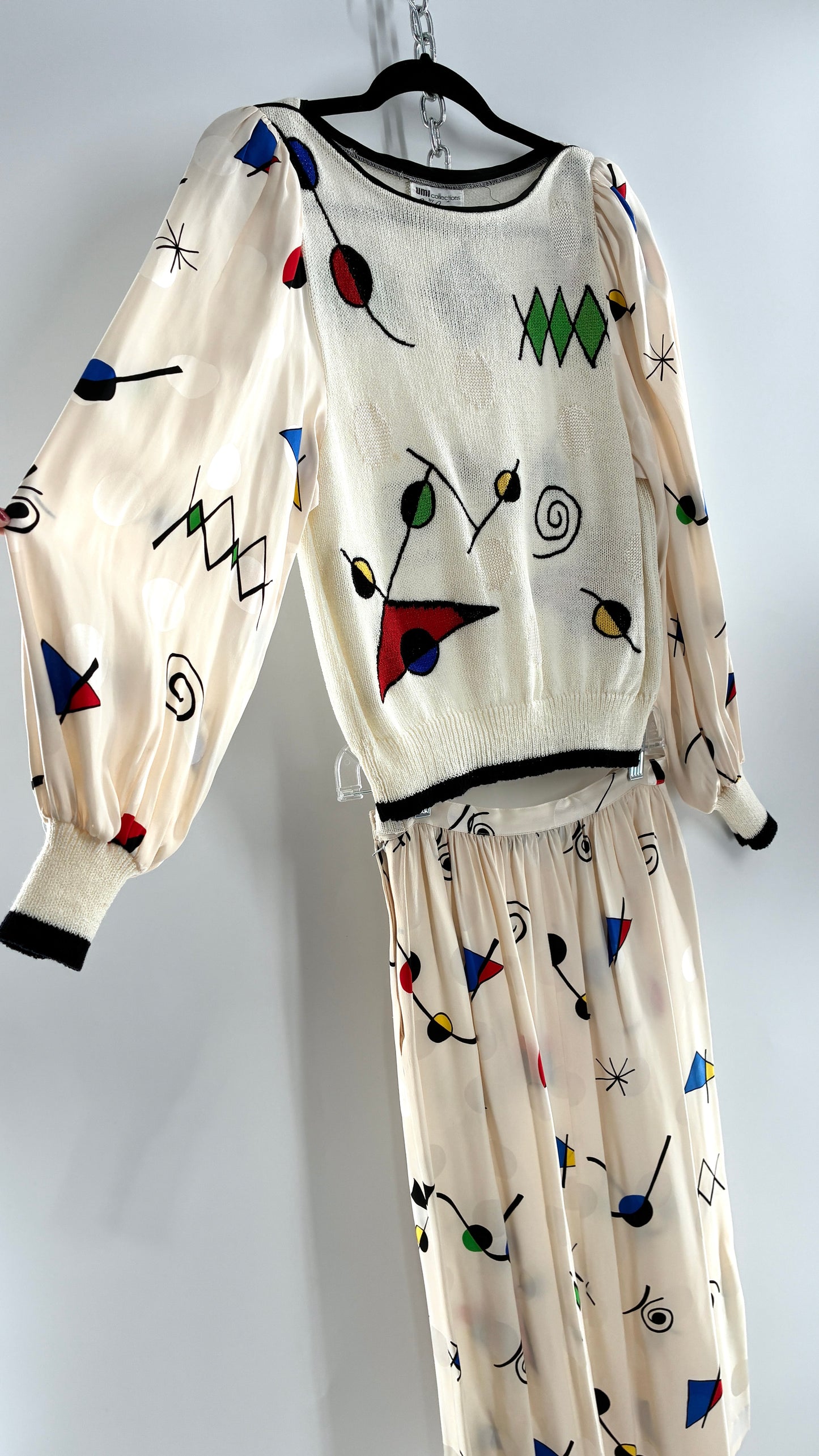 Vintage 1980s UMI collections by Anne Crimmins Off White 2 Piece Set with Abstract Embroidered Designs and 100% Silk Polka Dot Print Skirt (Medium Sweater, 8 Skirt)