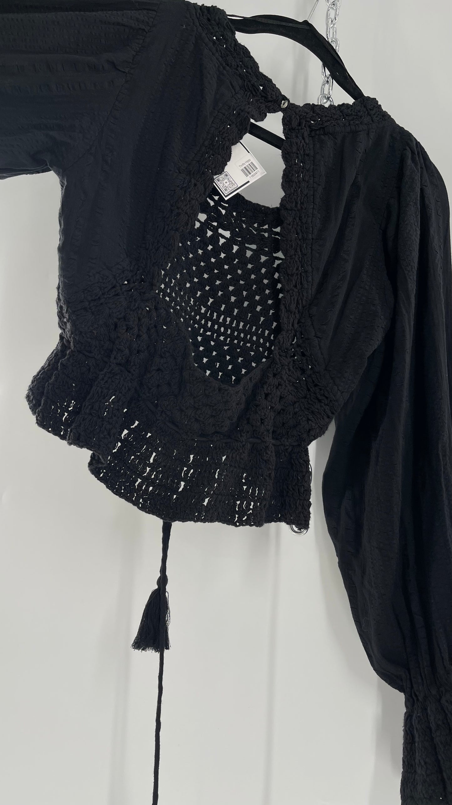 Free People Black ‘Megan’ Woven Macrame Crochet Cropped Blouse with Balloon Sleeves and Flared Cuffs (XS)