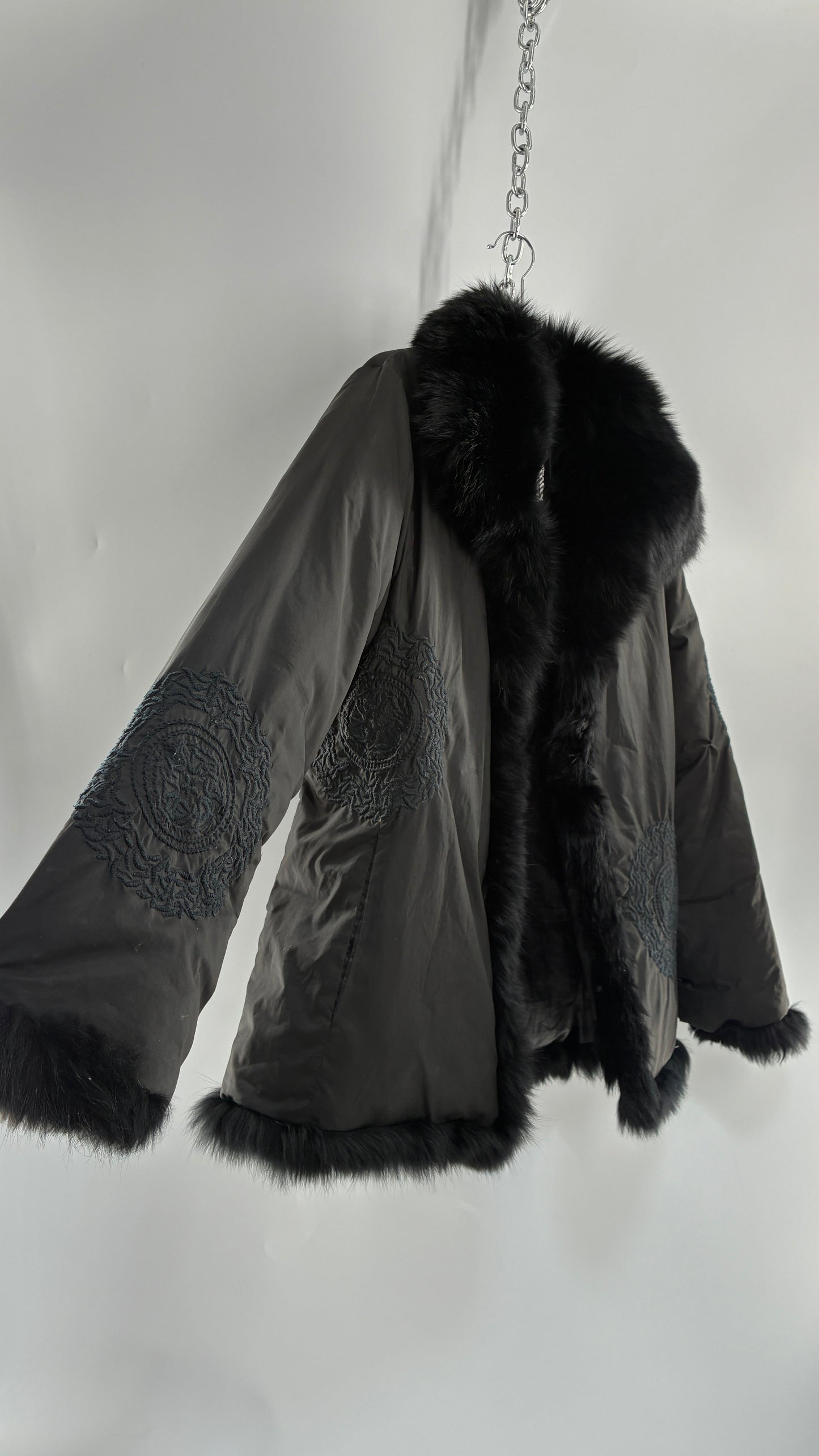 Vintage Gi & JO Black Down and Feather Puffer Jacket with Exaggerated Genuine Rabbit Fur Trim and Mandala Embroidery (Medium)