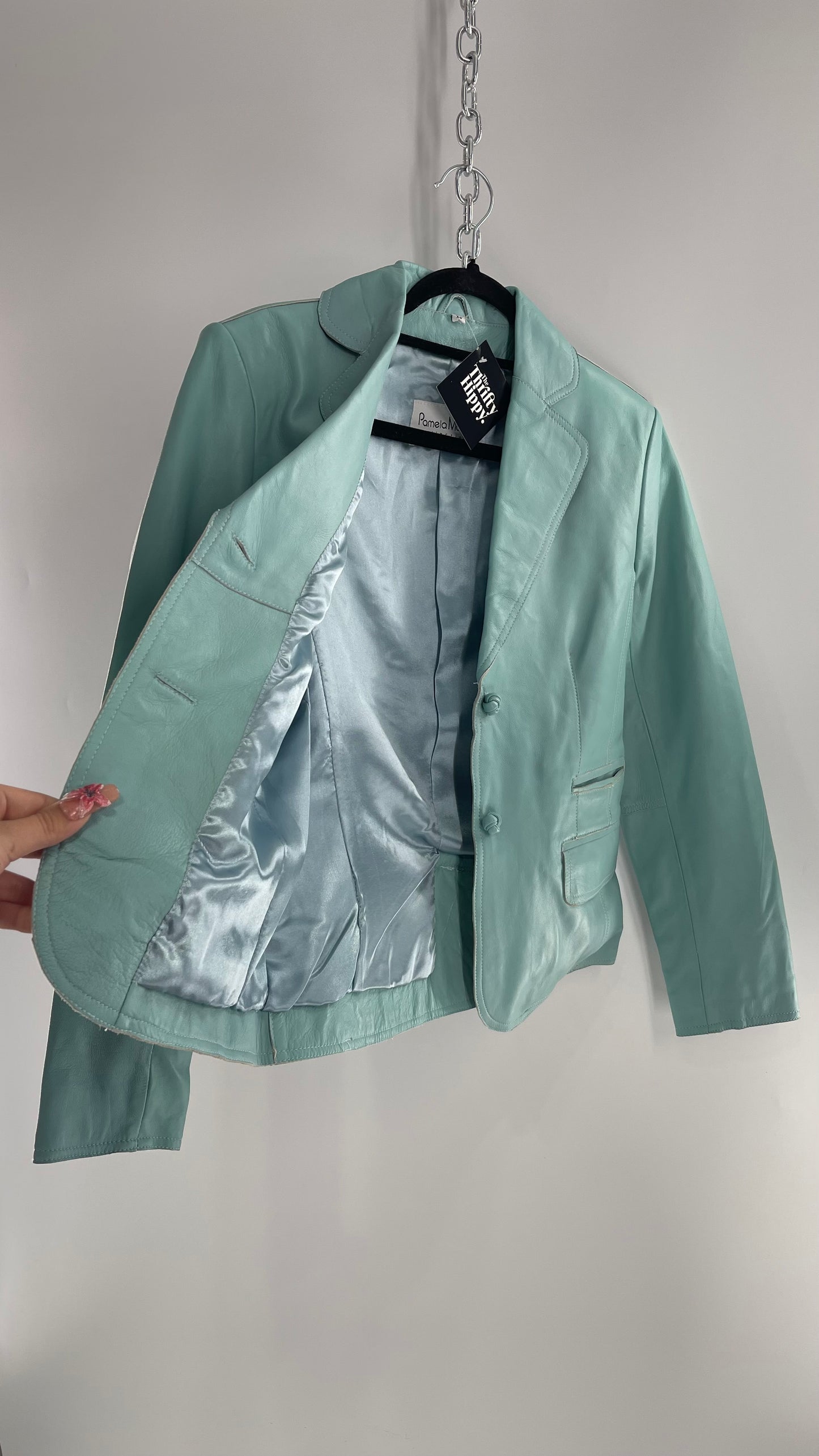 Vintage 1990s Pamela McCoy Eggshell/Tiffany Blue Leather Blazer Jacket (XS)