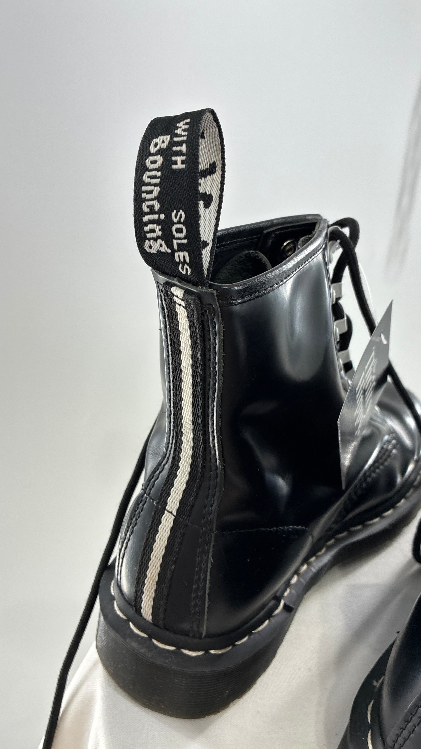Vintage DR.MARTENS AirWair 1460 DISRUPT Black Patent Leather Boots with White Hardware (8L, 7M)