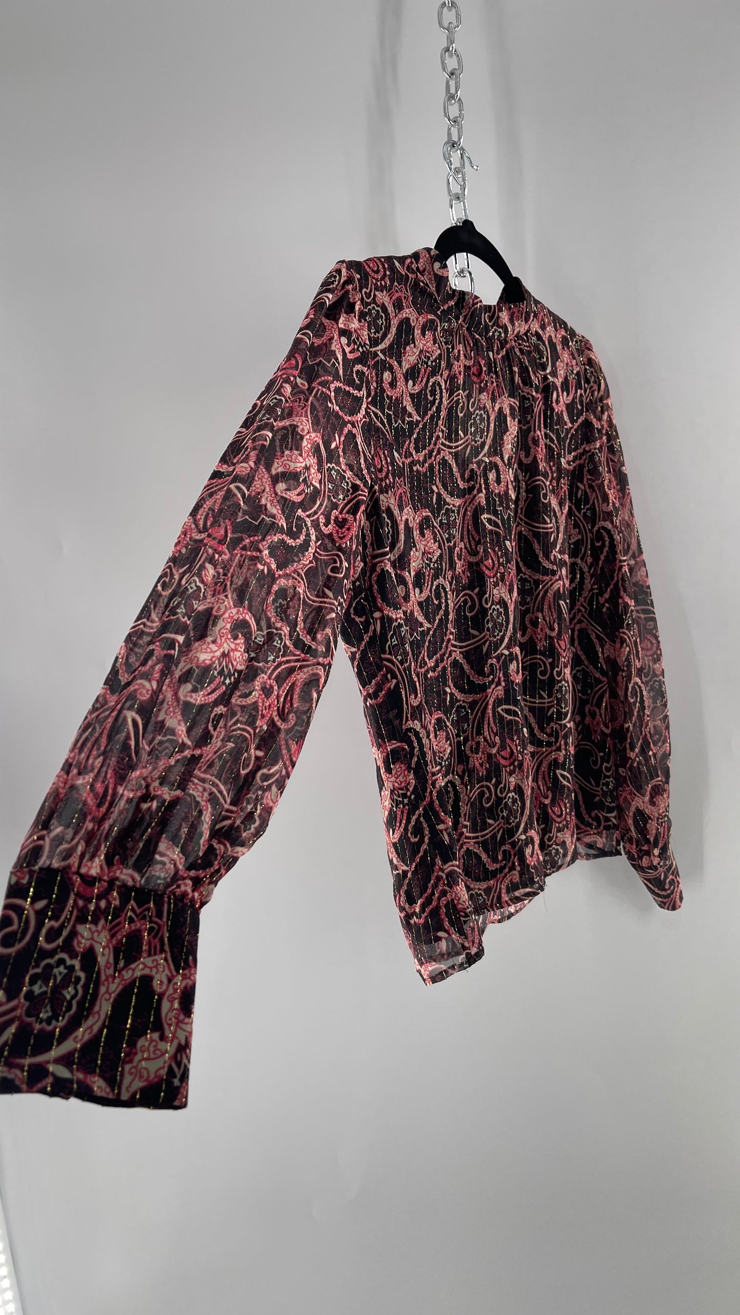 Kachel 95% Silk Black Paisley Blouse with Gold Tinsel Bessie Anthropologie (6)