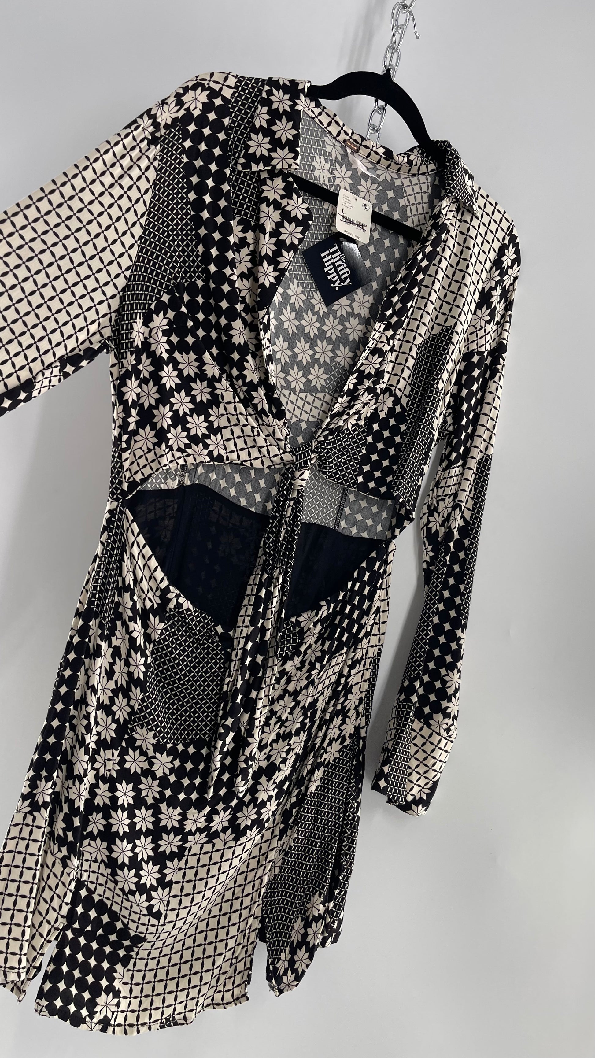 Free People Tie Front Cut Out Black/White Patterned Mini Dress with Tags Attached (Large) Free People Tie Front Cut Out Black/White Patterned Mini Dress with Tags Attached (Large)