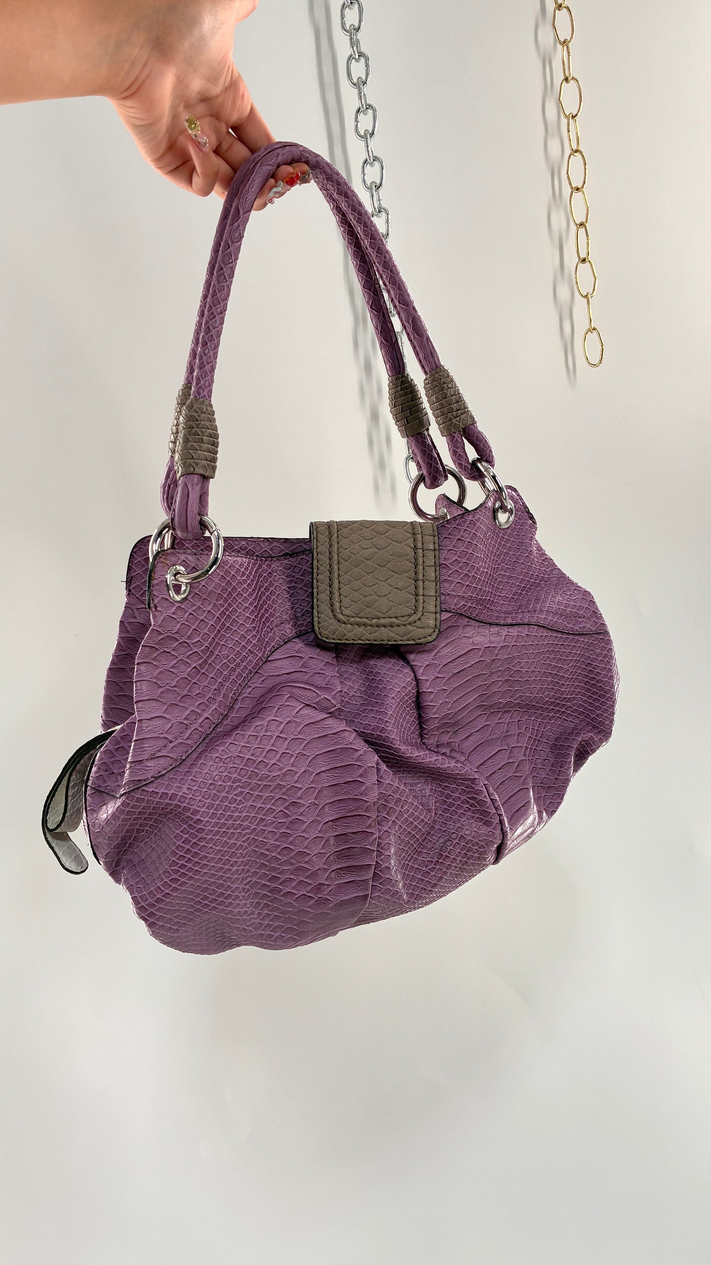Vintage GUESS Snake Embossed Purple Purse with Oversized Logo Hardware