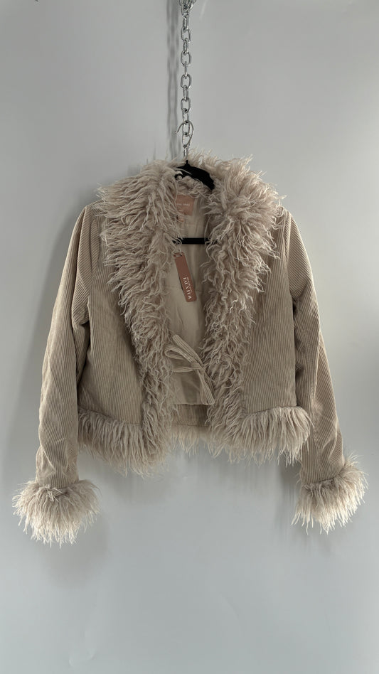 Love Tree Off White Corduroy Jacket with Faux Mongolian Trim Collar and Cuffs Tags Attached (Small)