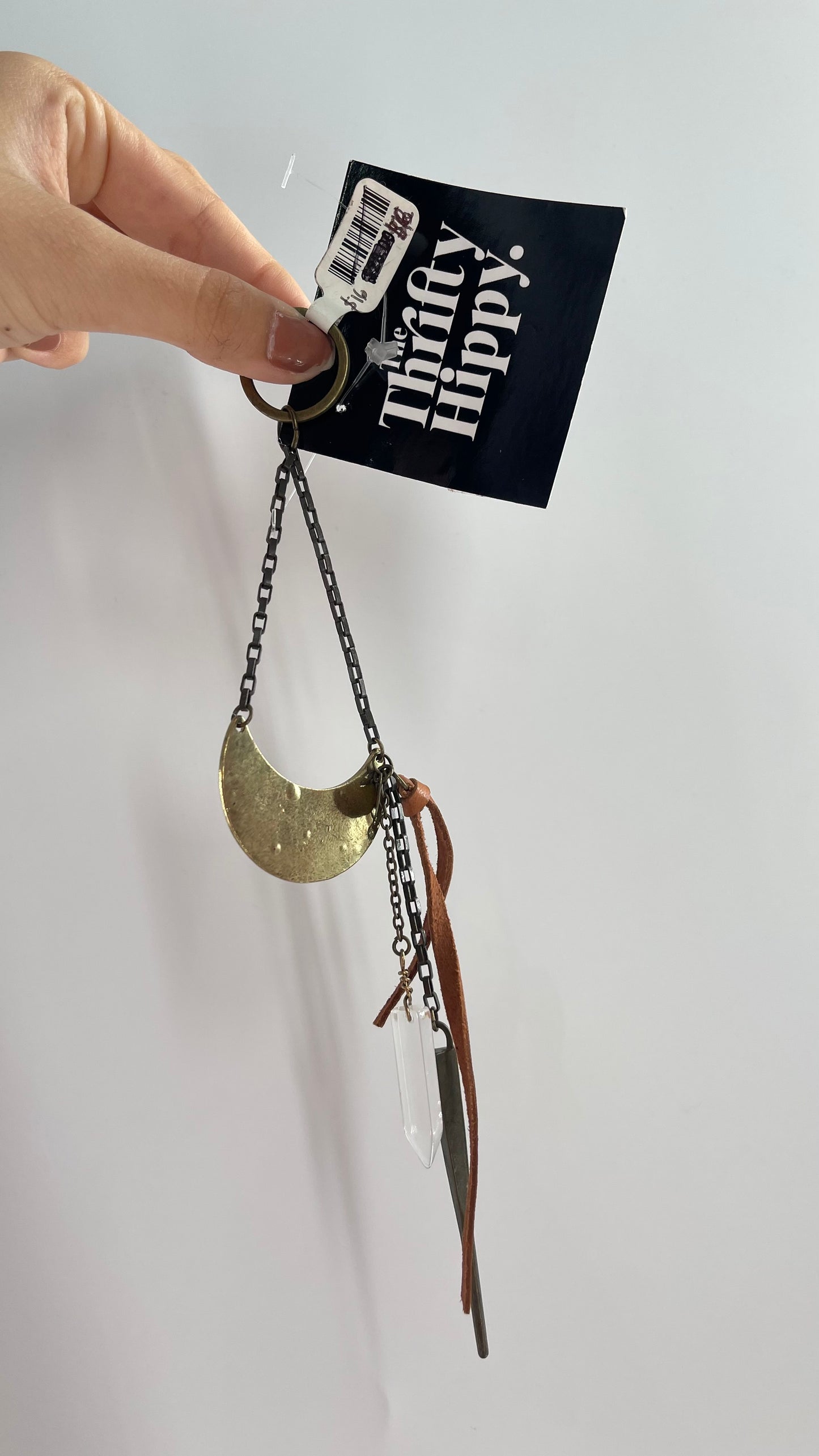 Free People Keychain with Bronze Half Moon, Crystal, and Vegan Leather Detail