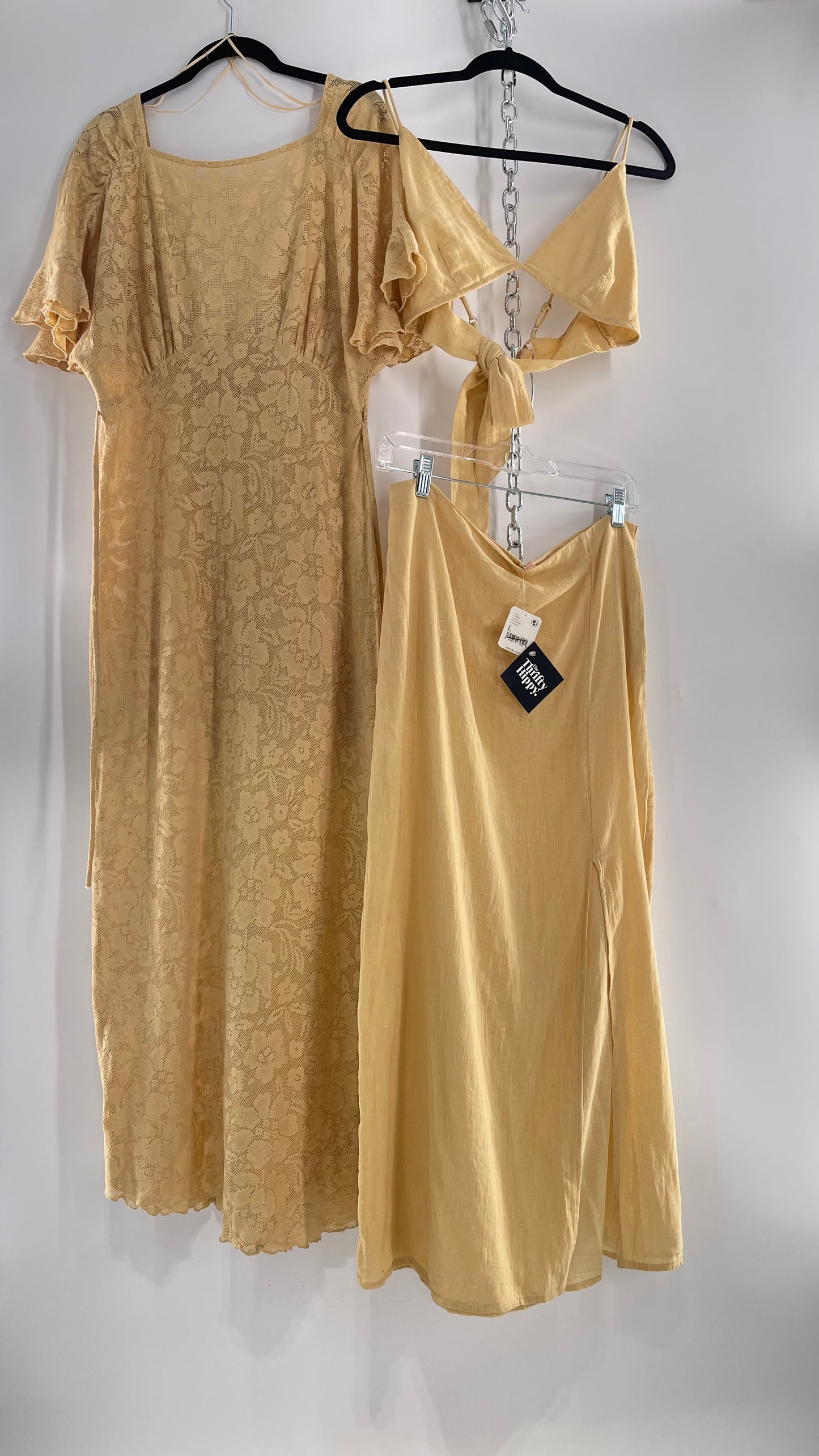 Free People Yellow Lace Gauze Maxi Dress Set with Bralette and Side Grommet Skirt (Large)