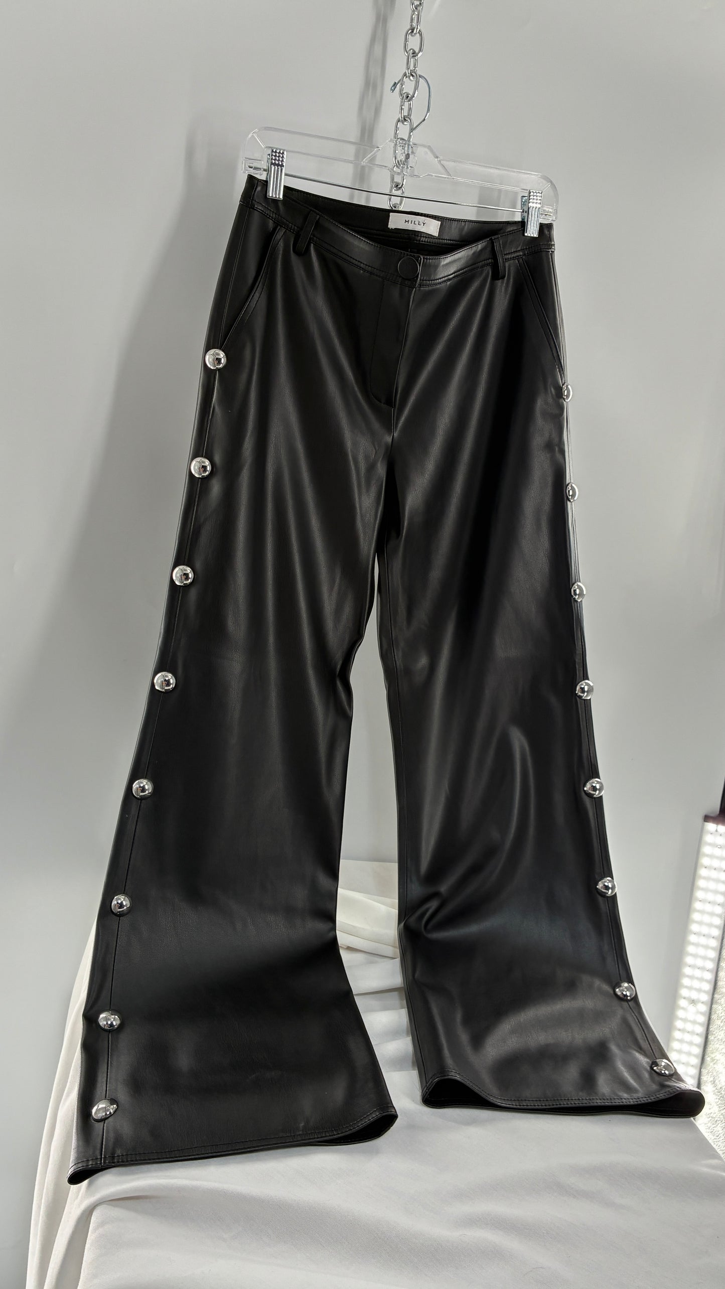 Vintage MILLY Black Vegan Leather Wide Leg Pants with Silver Oversized Studs