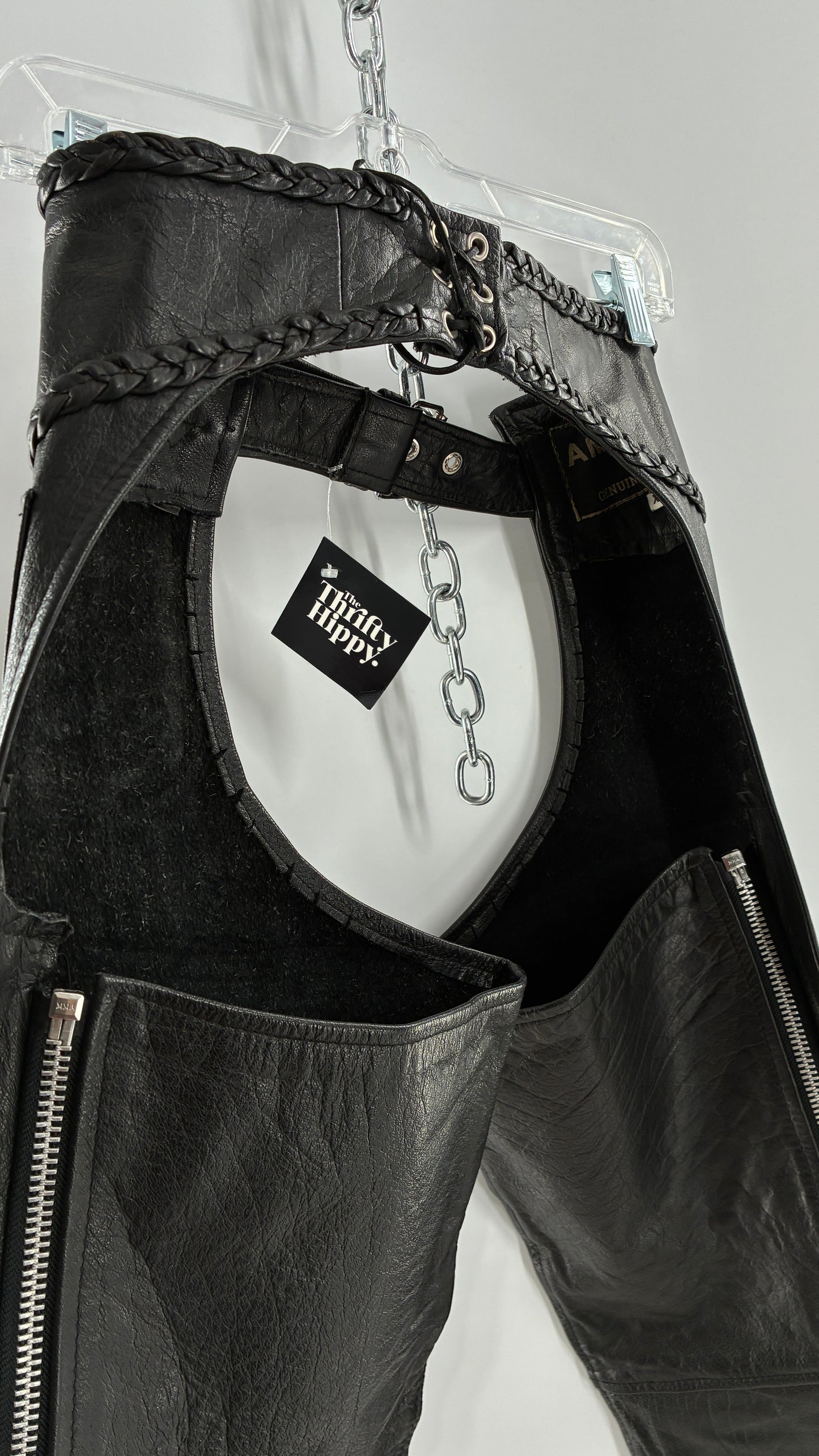 Vintage AMERICAN LEATHER Black Motorcycle Chaps/Pants with Mini Pocket, and Side Zipper Detailing (XS)